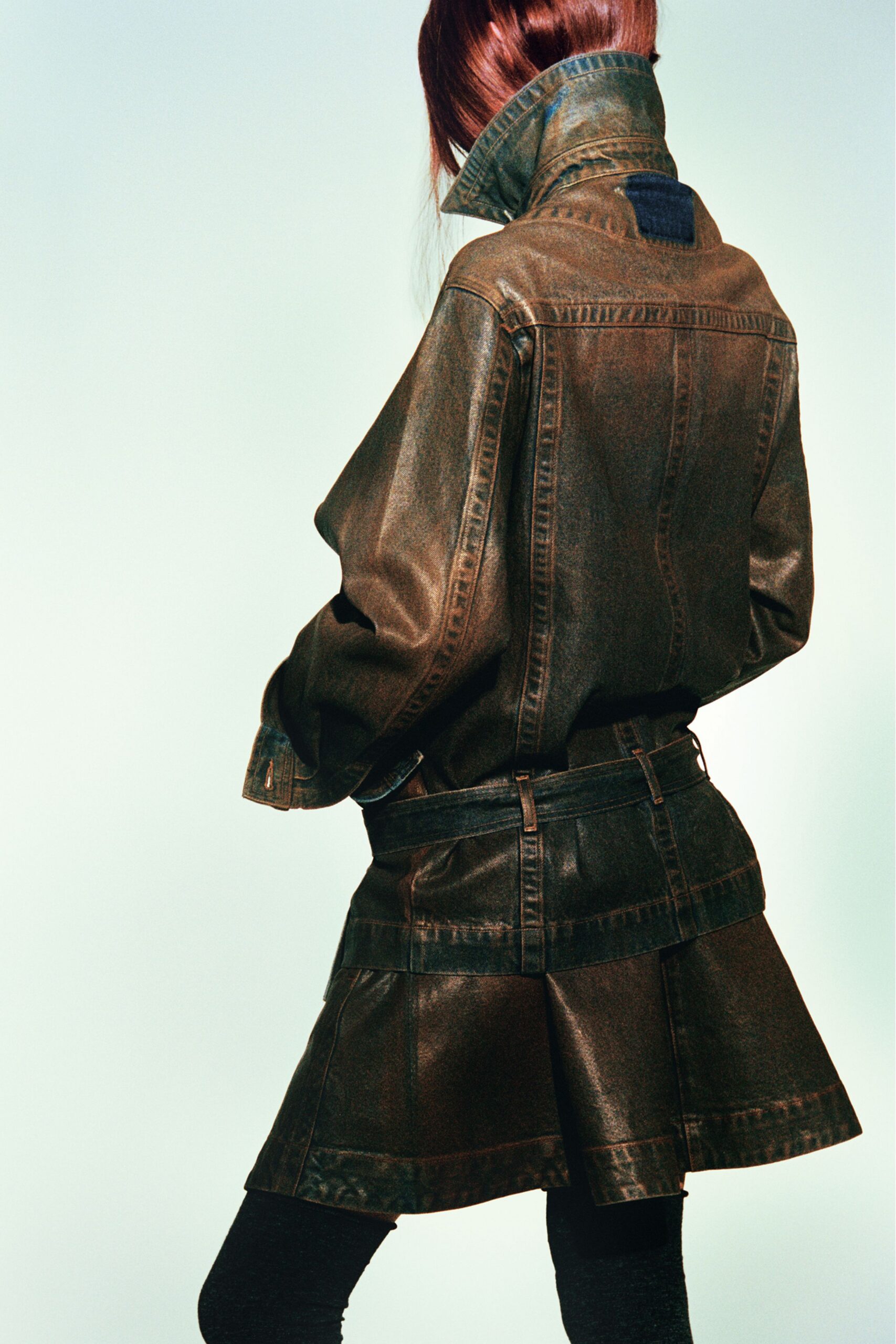 brown denim fitted pleated short skirt