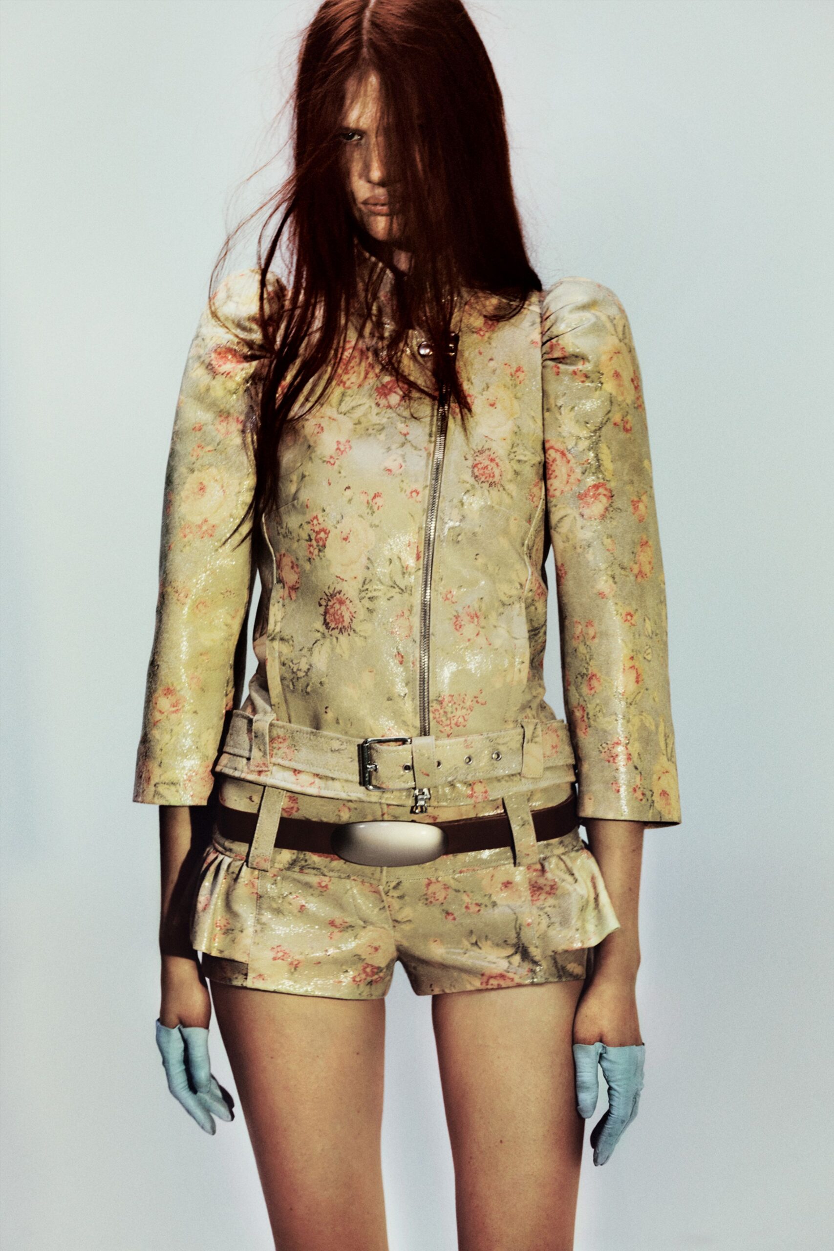 beige silk long-sleeve collared fitted zippered floral jacket