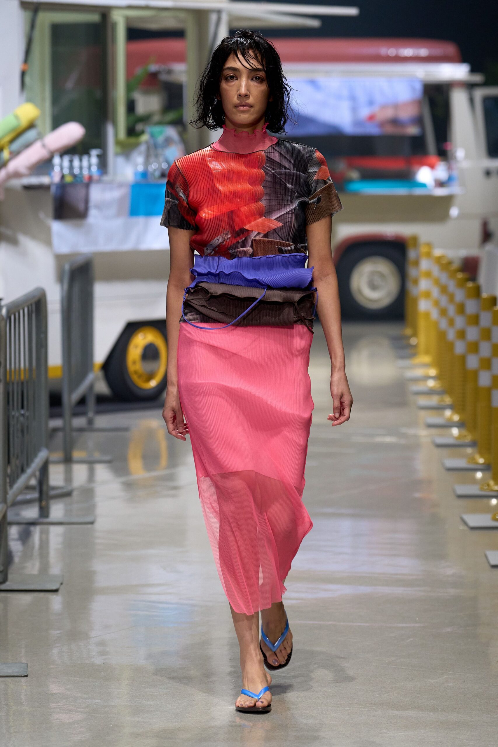pink chiffon asymmetric relaxed pleated flowing midi skirt