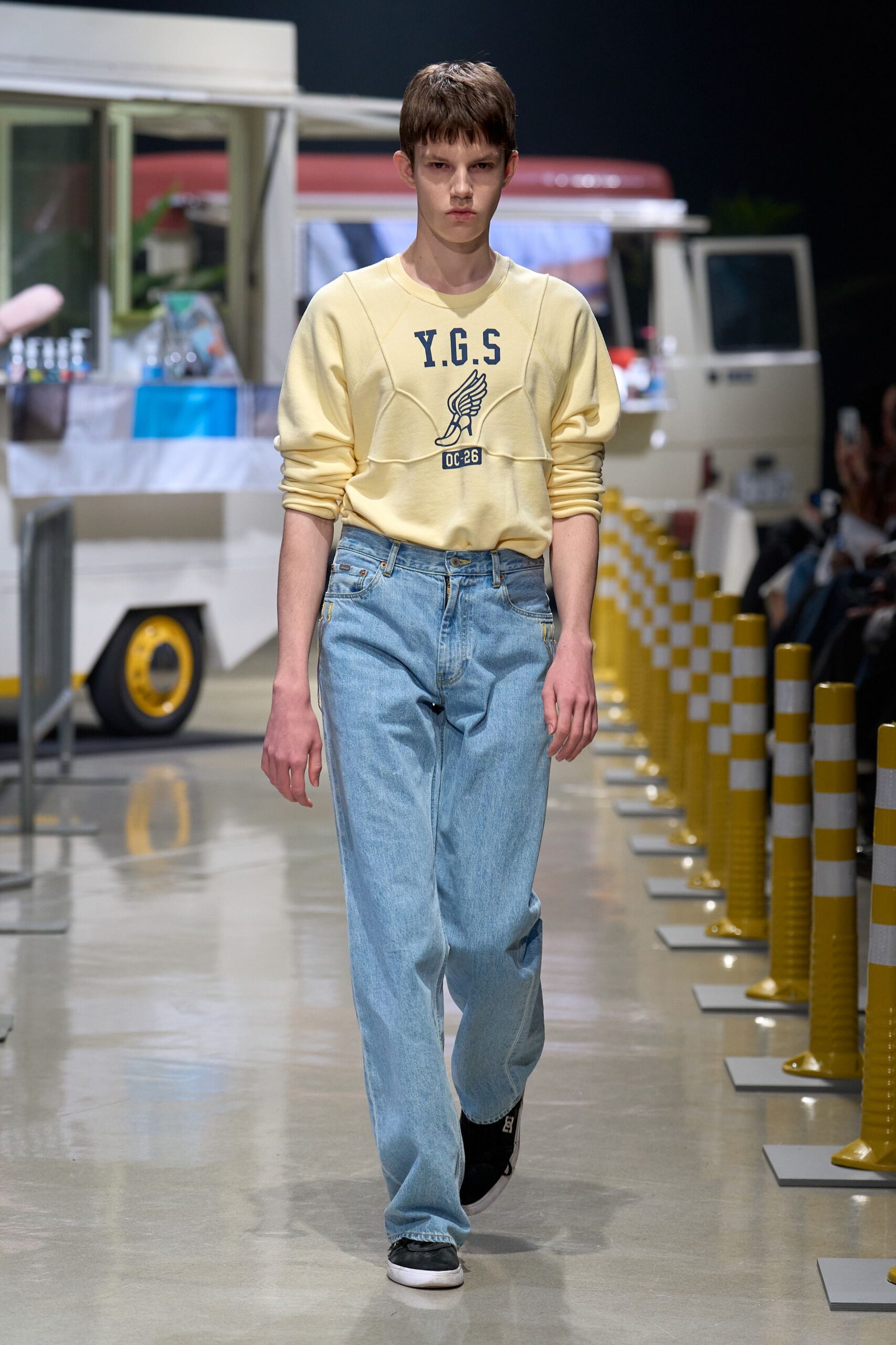 yellow cotton long-sleeve collared relaxed sweater