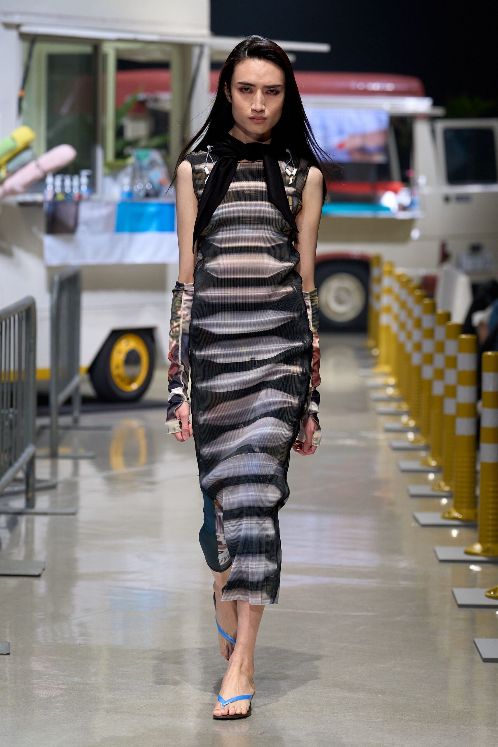 black silk sleeveless high-neck fitted layered dress