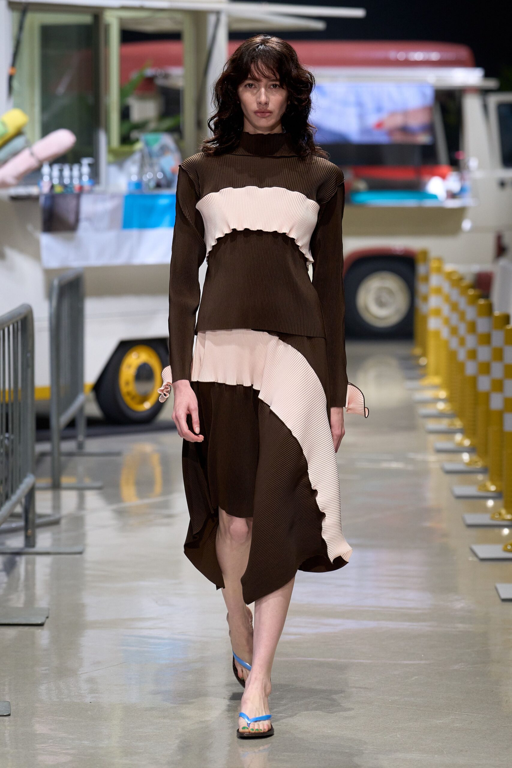 brown cotton long-sleeve high-neck fitted pleated midi dress