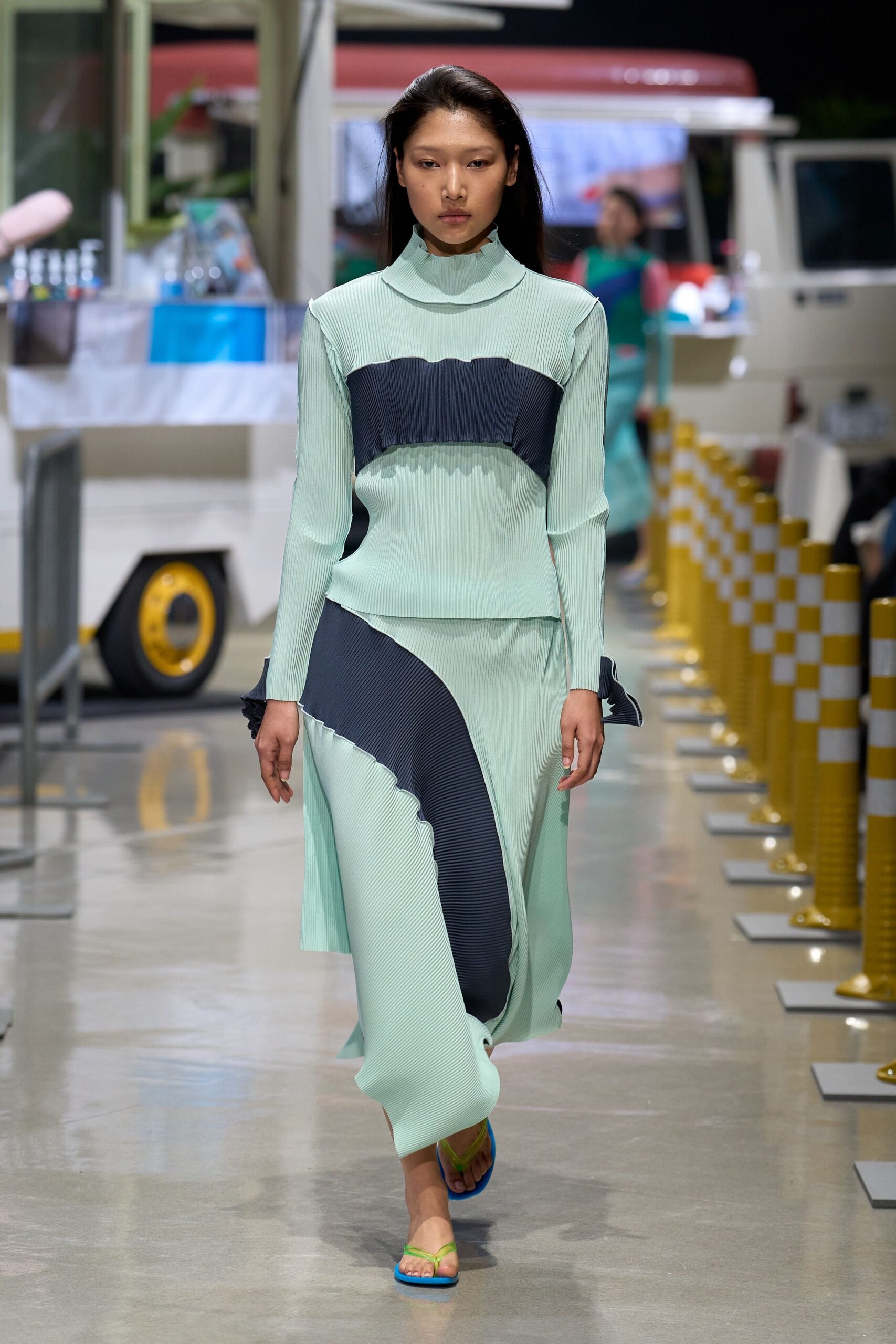 green cotton long-sleeve high-neck fitted layered midi dress