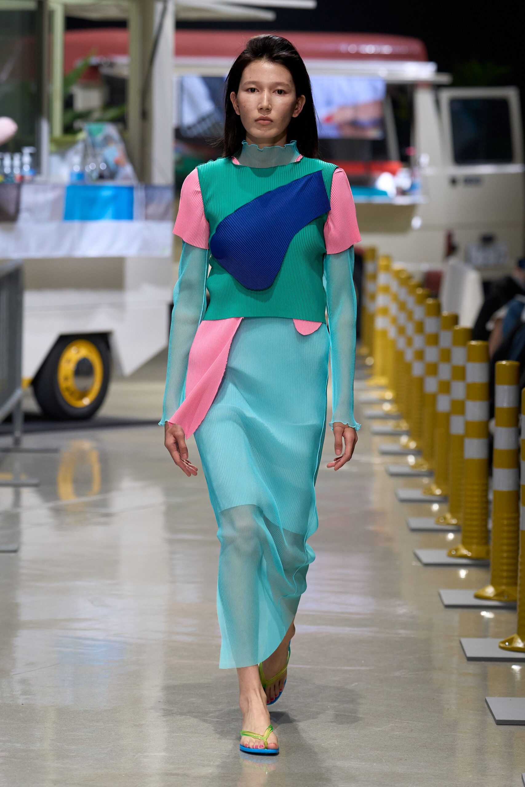 blue silk long-sleeve high-neck fitted layered color-blocked dress