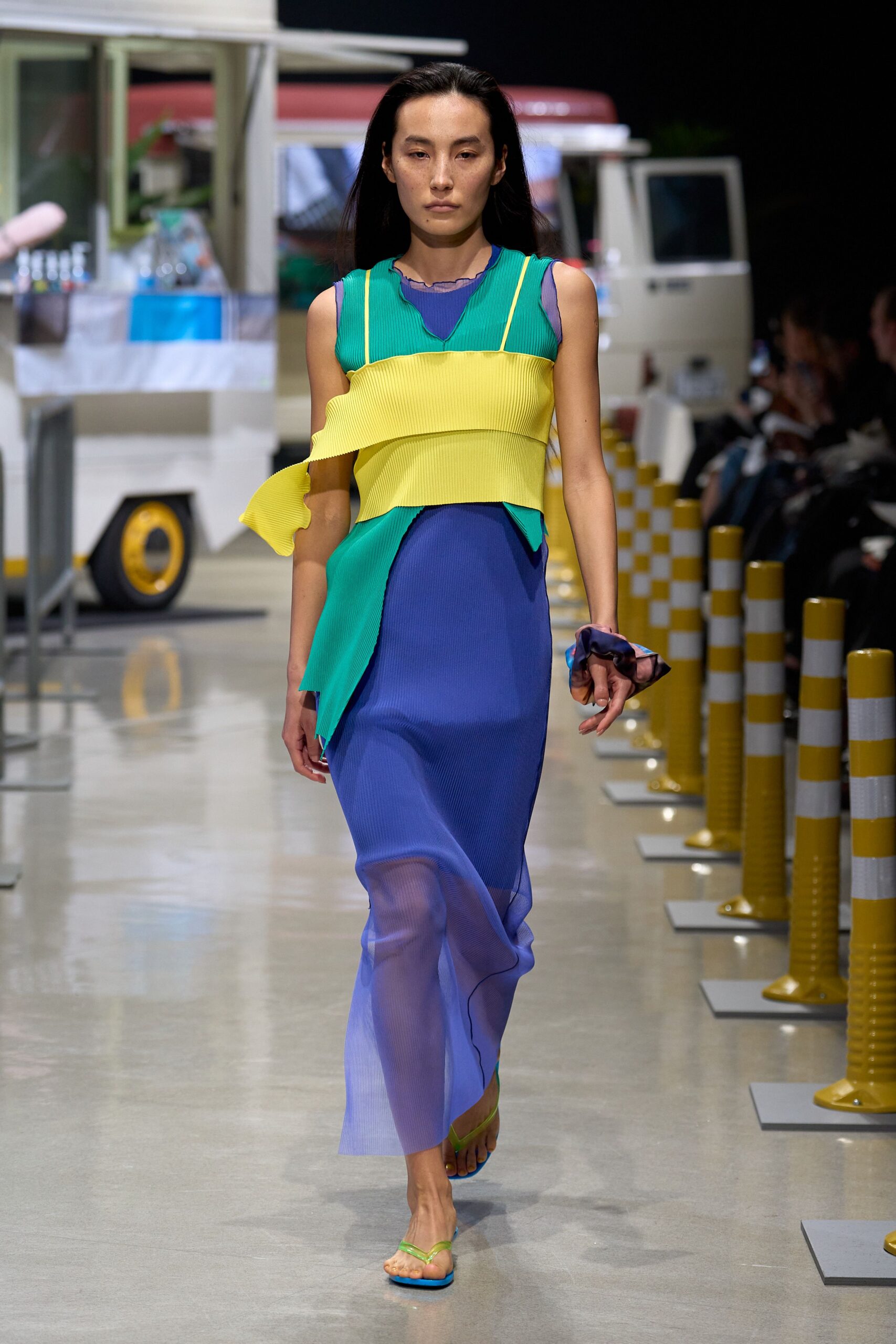 blue chiffon sleeveless v-neck fitted layered sheer dress