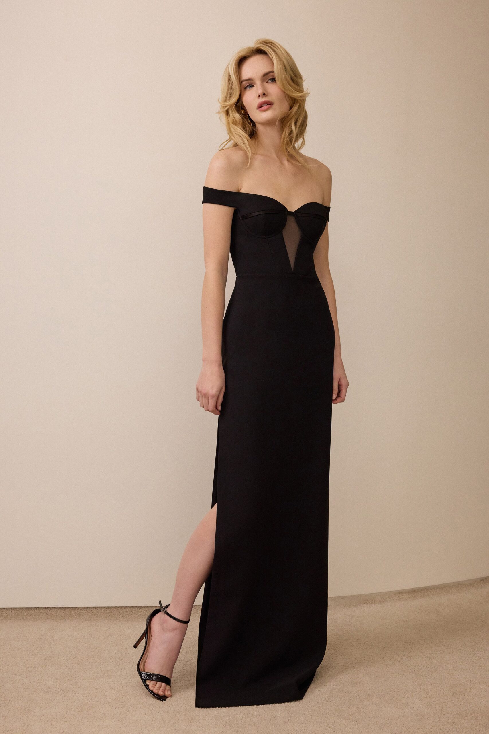 black silk off-shoulder slit fitted pleated maxi gown