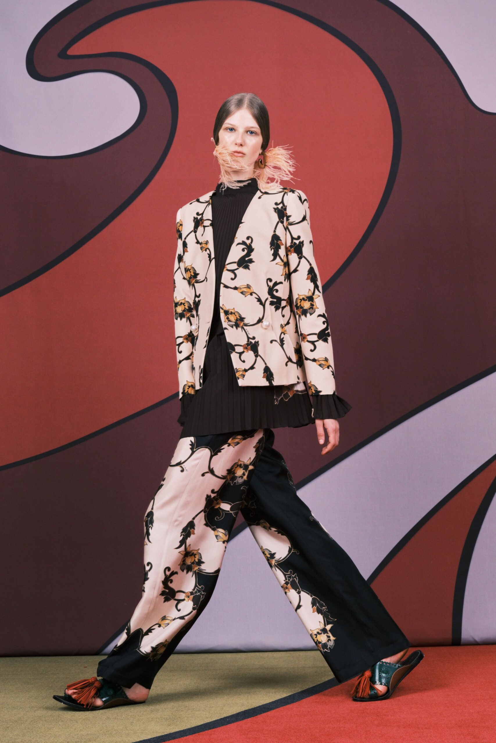 pink silk long-sleeve collared structured printed blazer