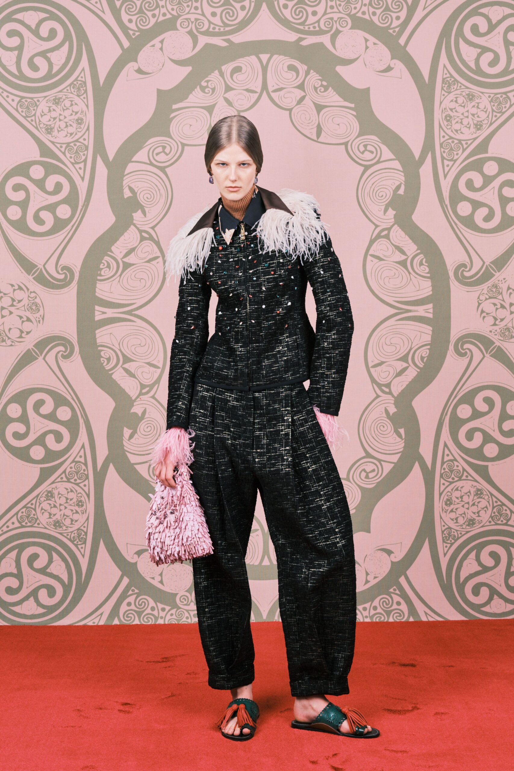 black cotton long-sleeve collared fitted pleated embroidered jacket