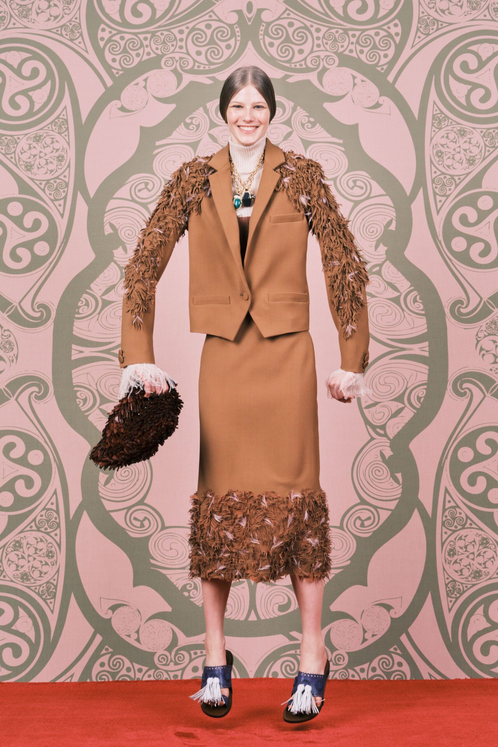 brown cotton long-sleeve collared tailored embroidered blazer
