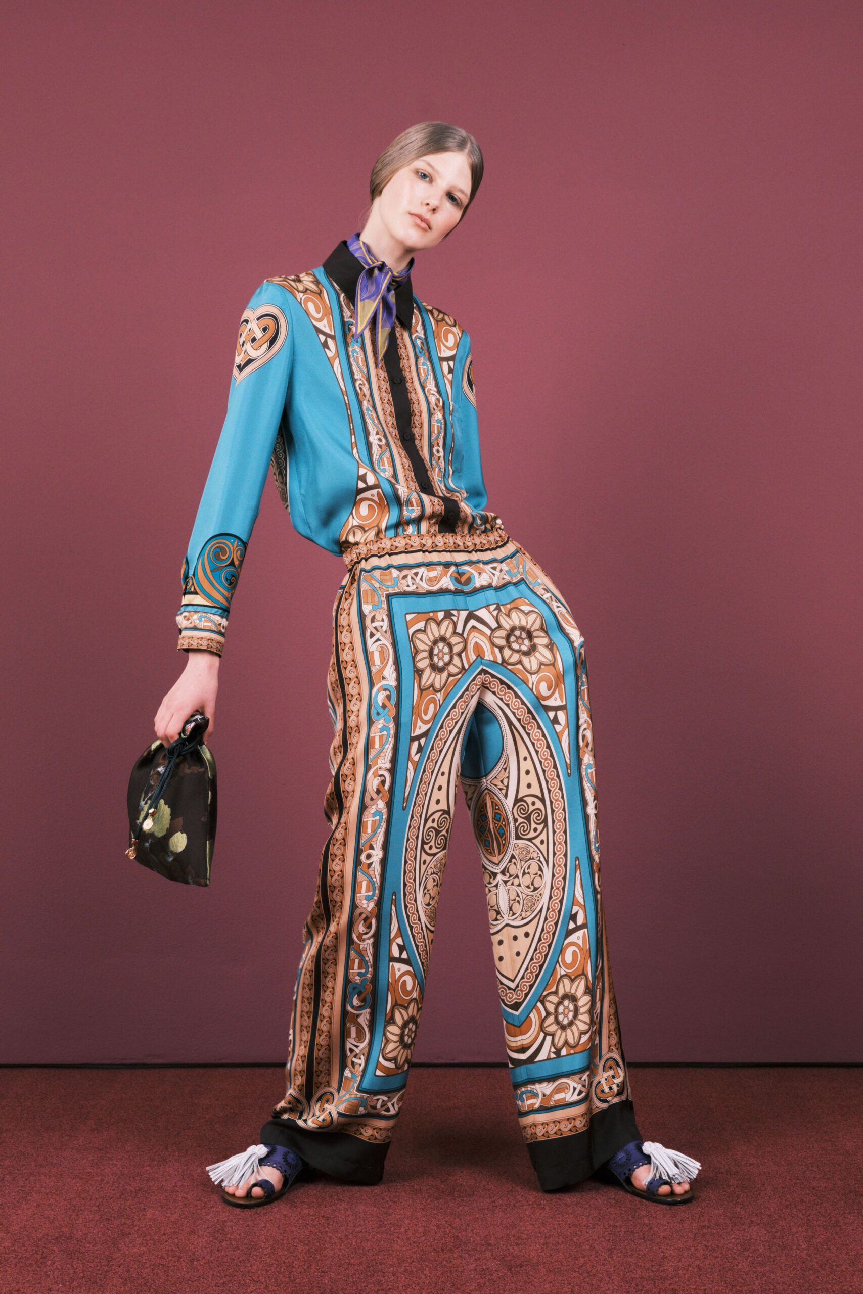 blue silk long-sleeve collared relaxed printed jumpsuit