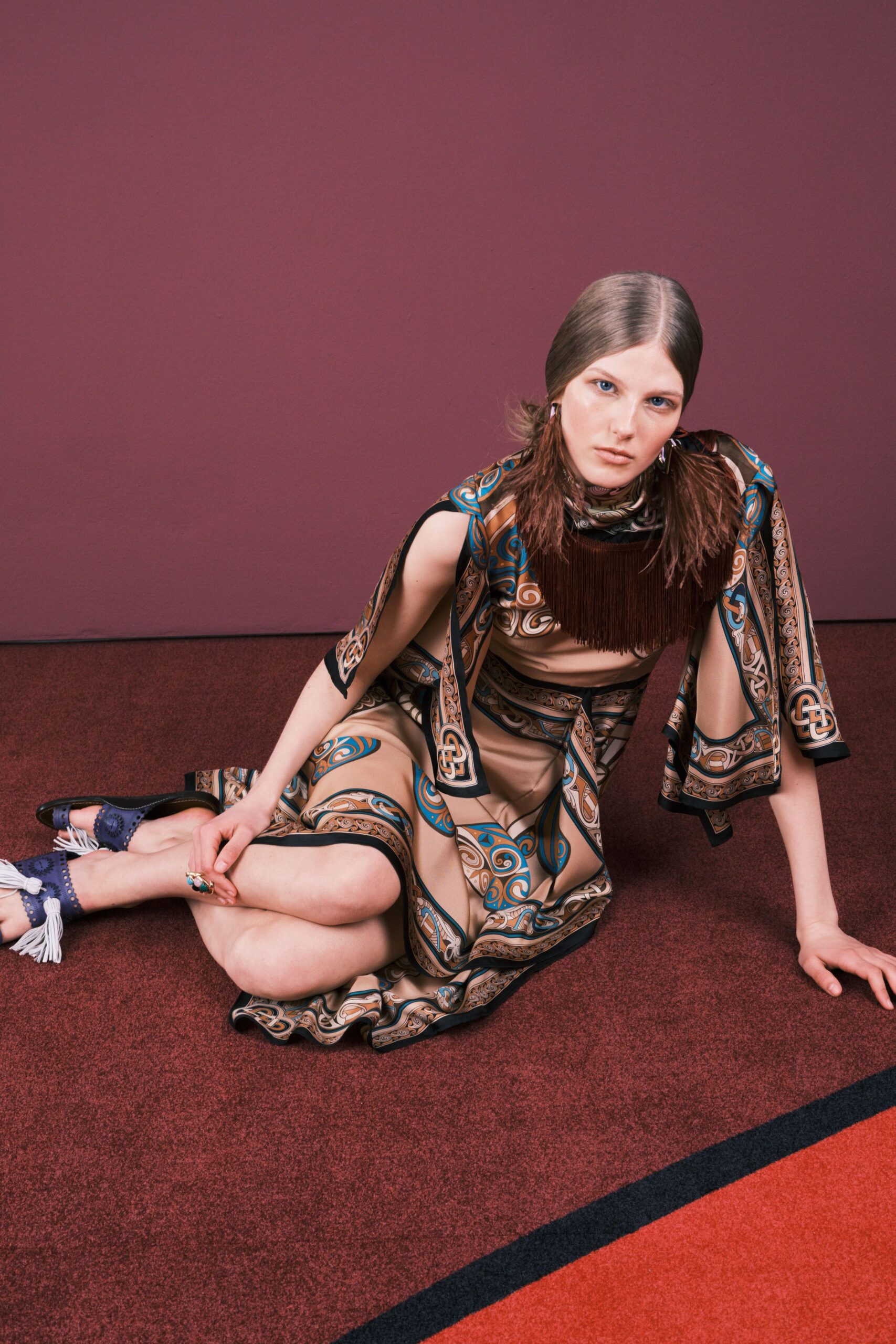 brown silk sleeveless high-neck fitted printed fringed dress