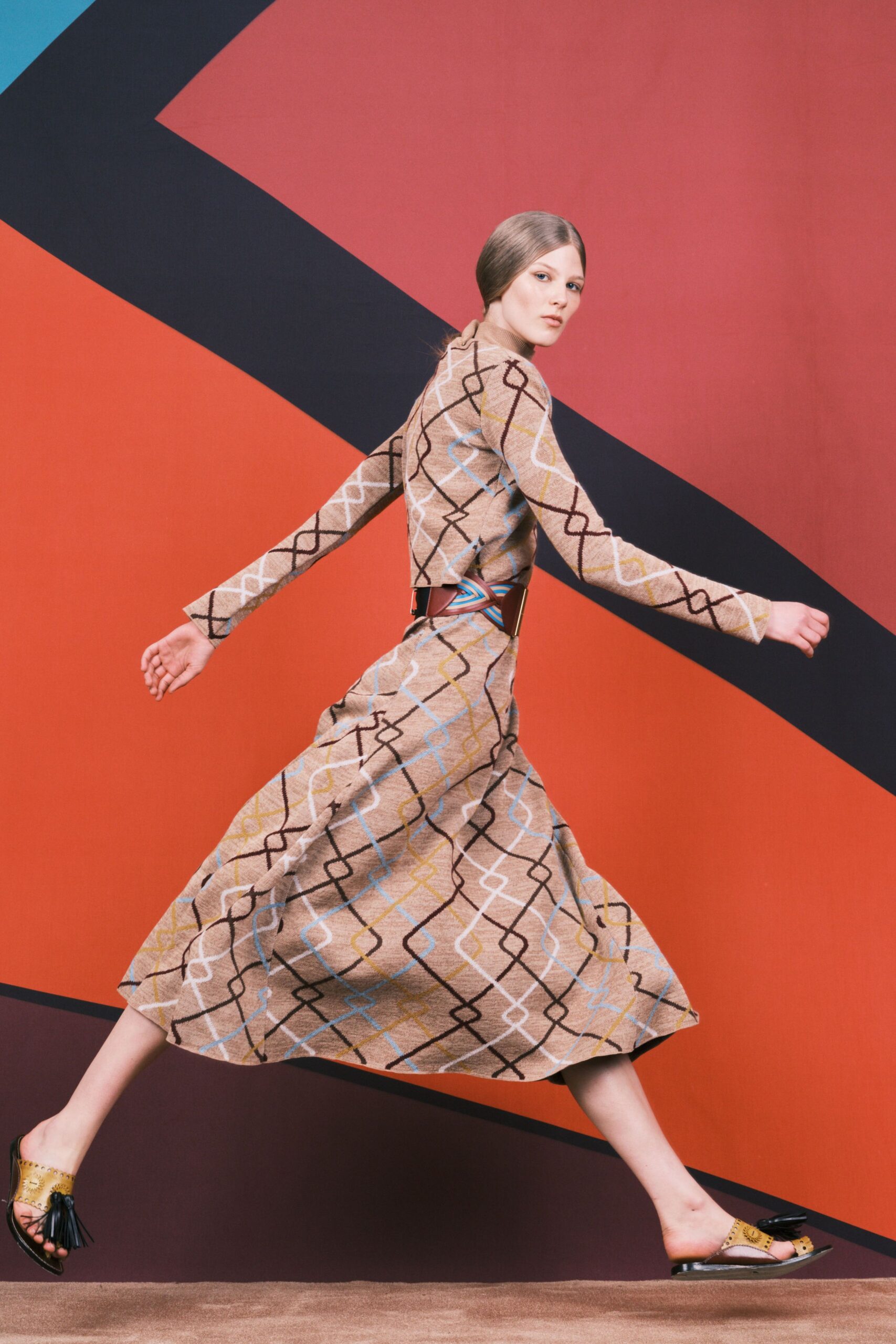 brown cotton long-sleeve collared fitted printed midi dress