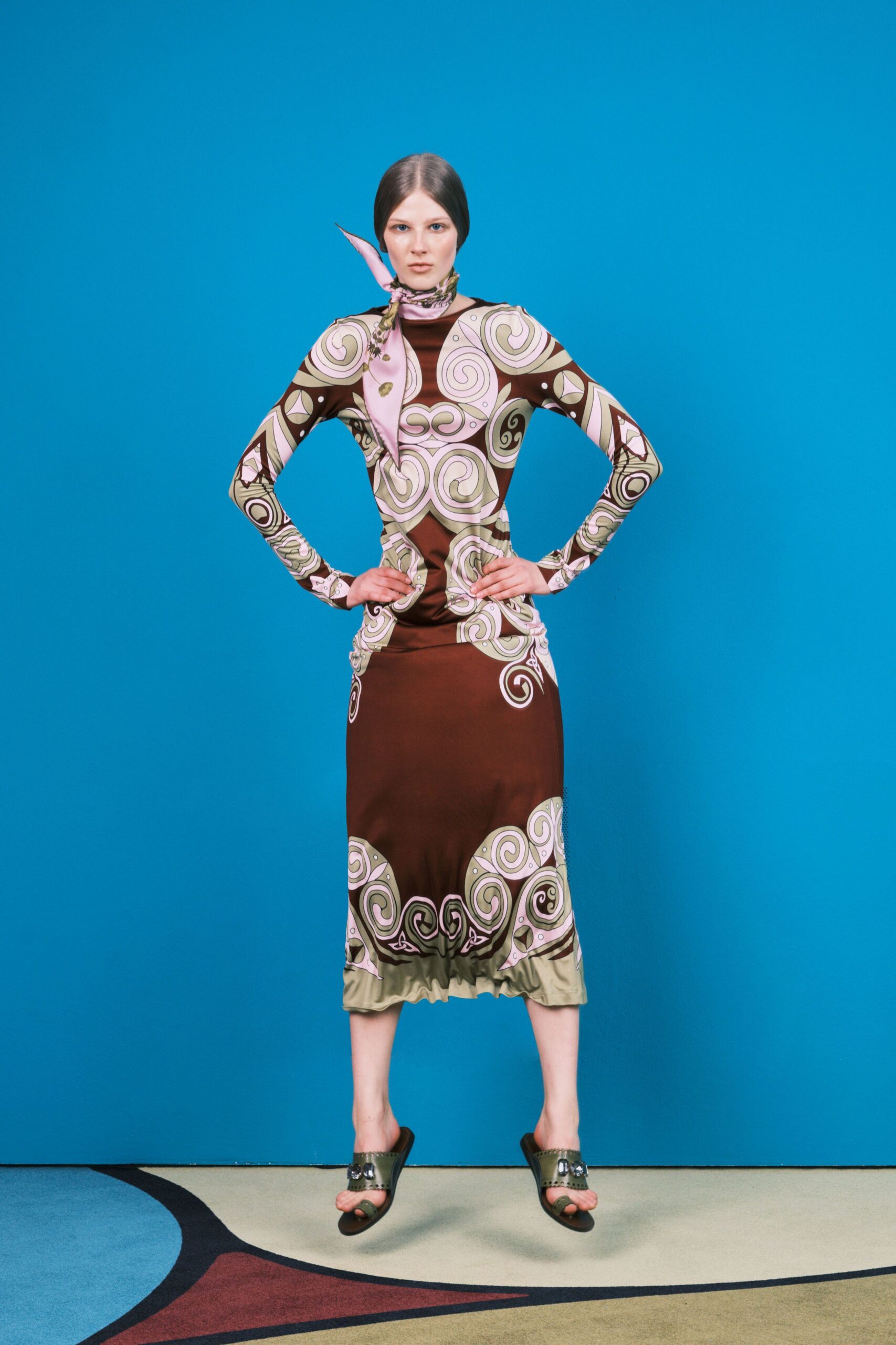 brown cotton long-sleeve turtleneck fitted printed tiered dress