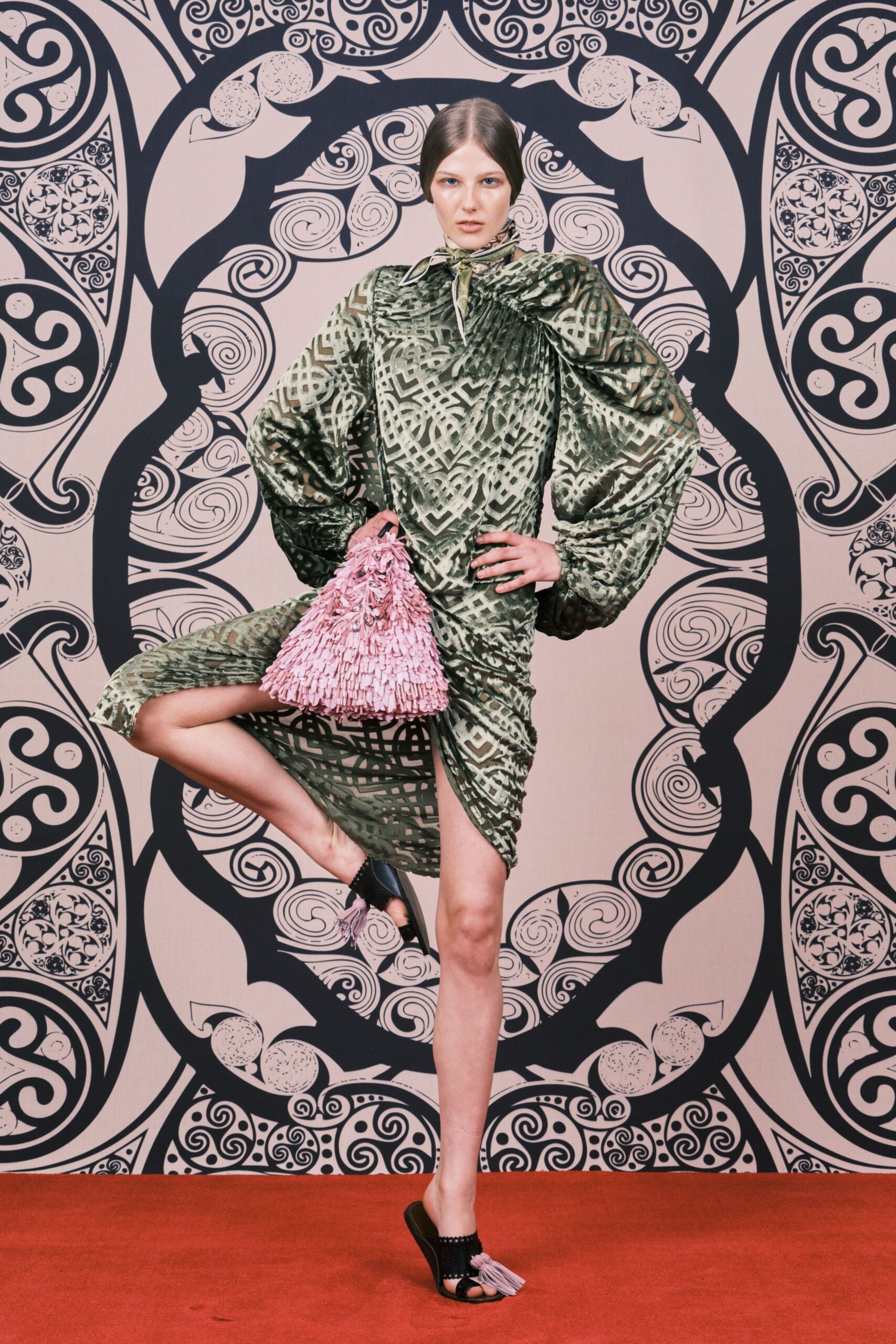 green silk long-sleeve high-neck fitted animal-print ruched dress