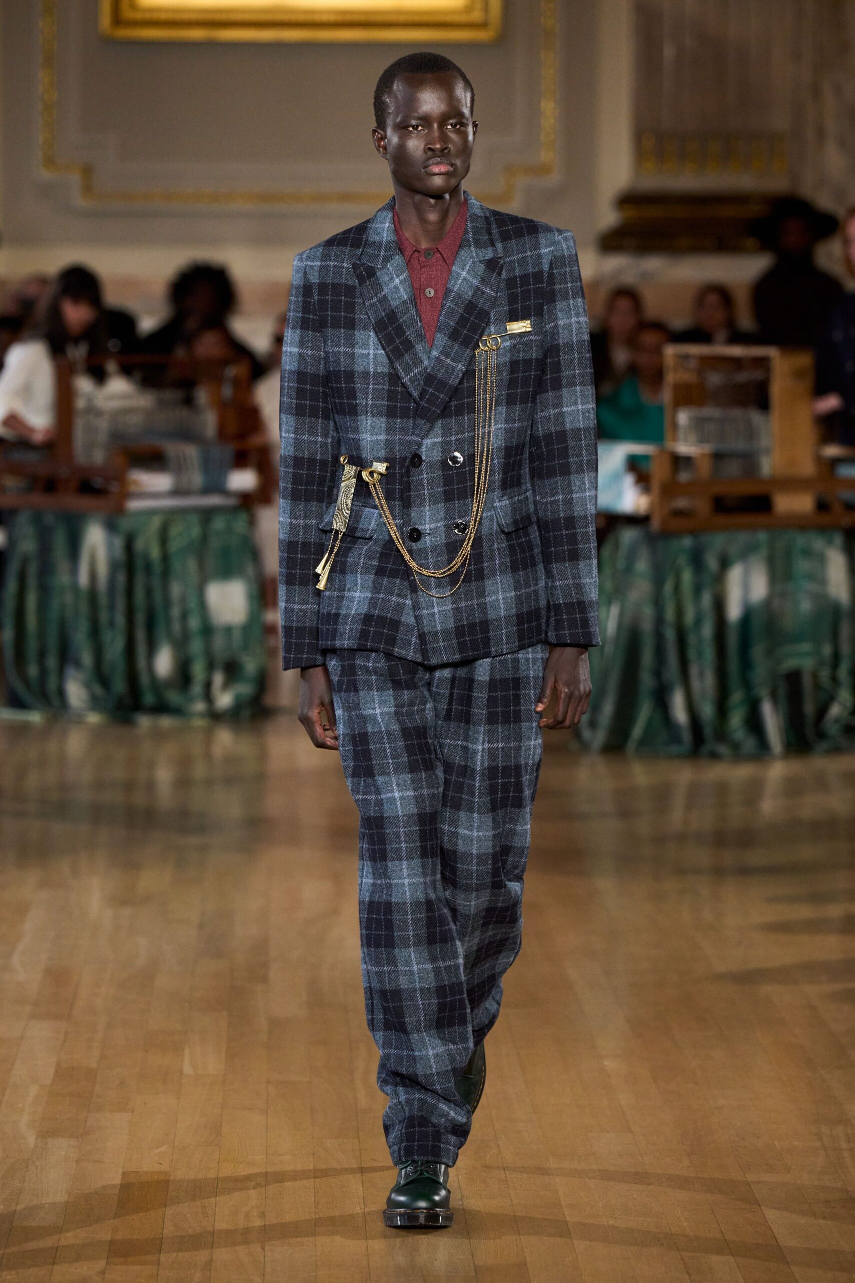 blue wool long-sleeve collared tailored checked buttoned suit