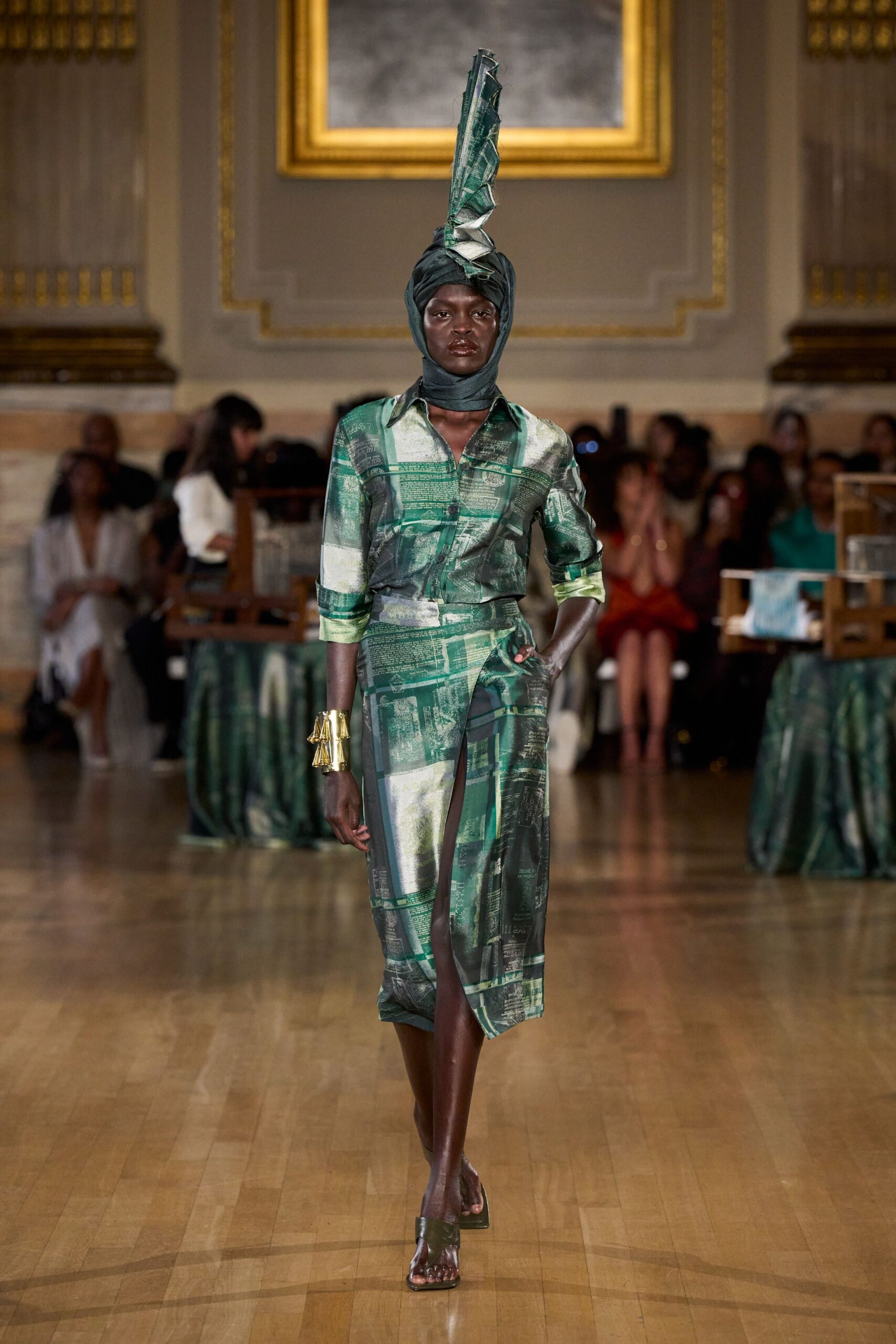 green silk long-sleeve collared fitted printed belted shirt-dress