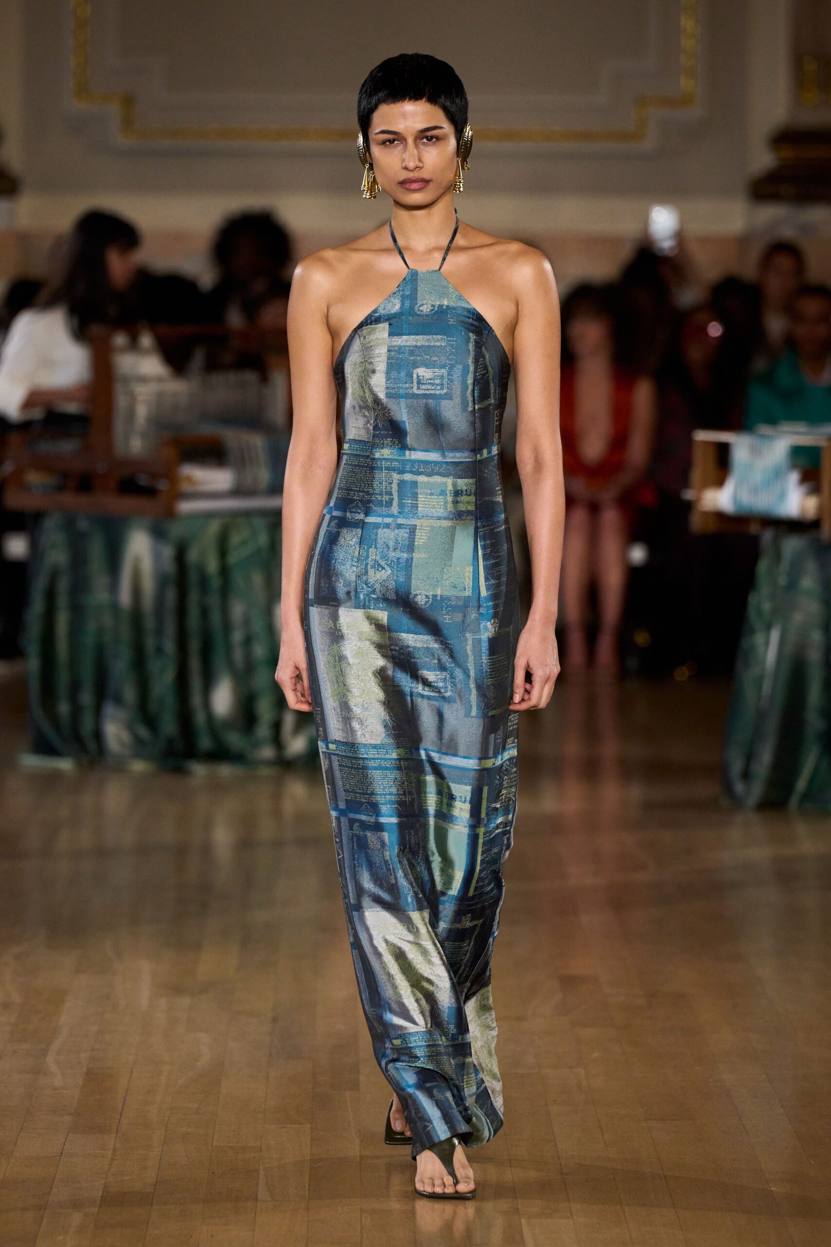 blue green printed maxi gown