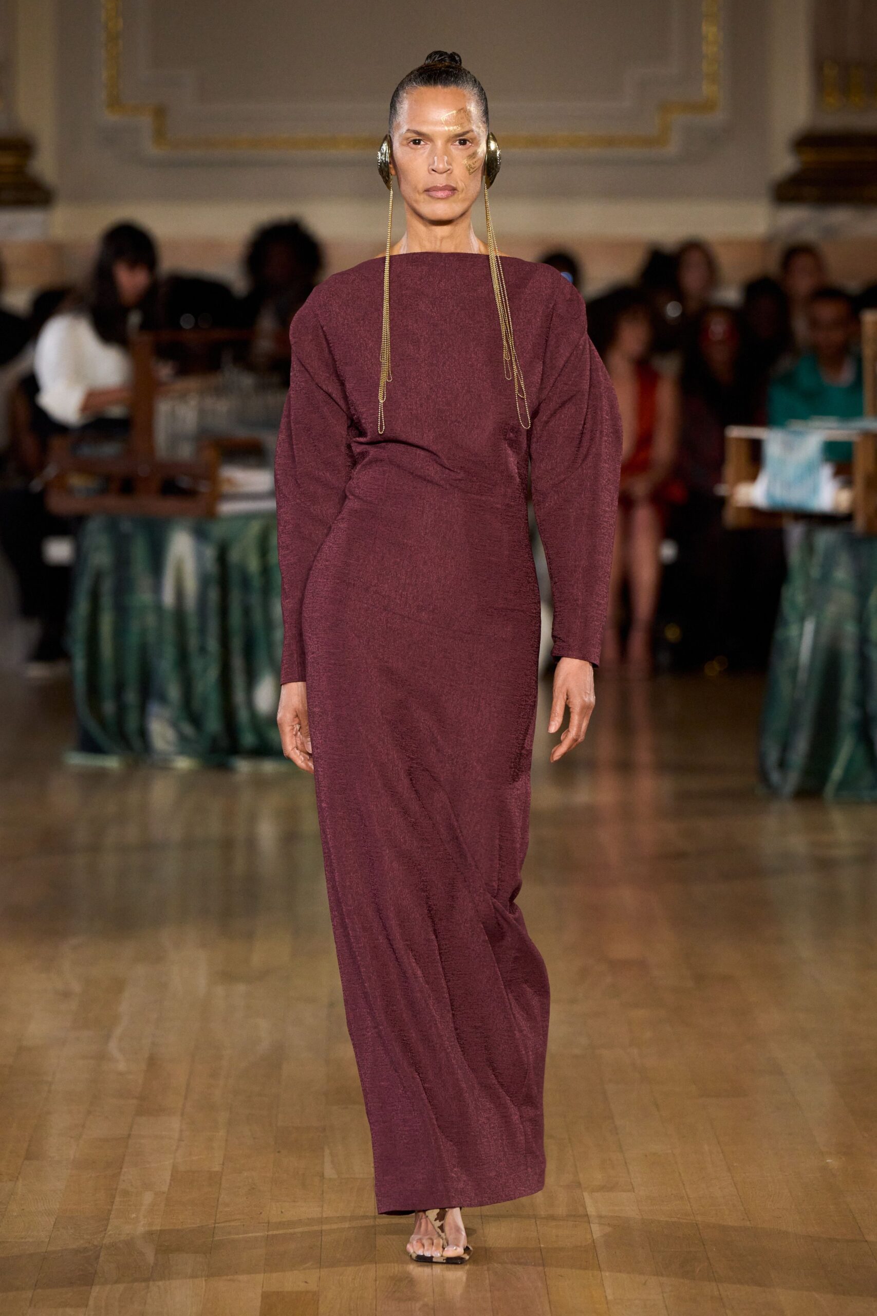 maroon cotton long-sleeve high-neck relaxed straight-leg maxi gown