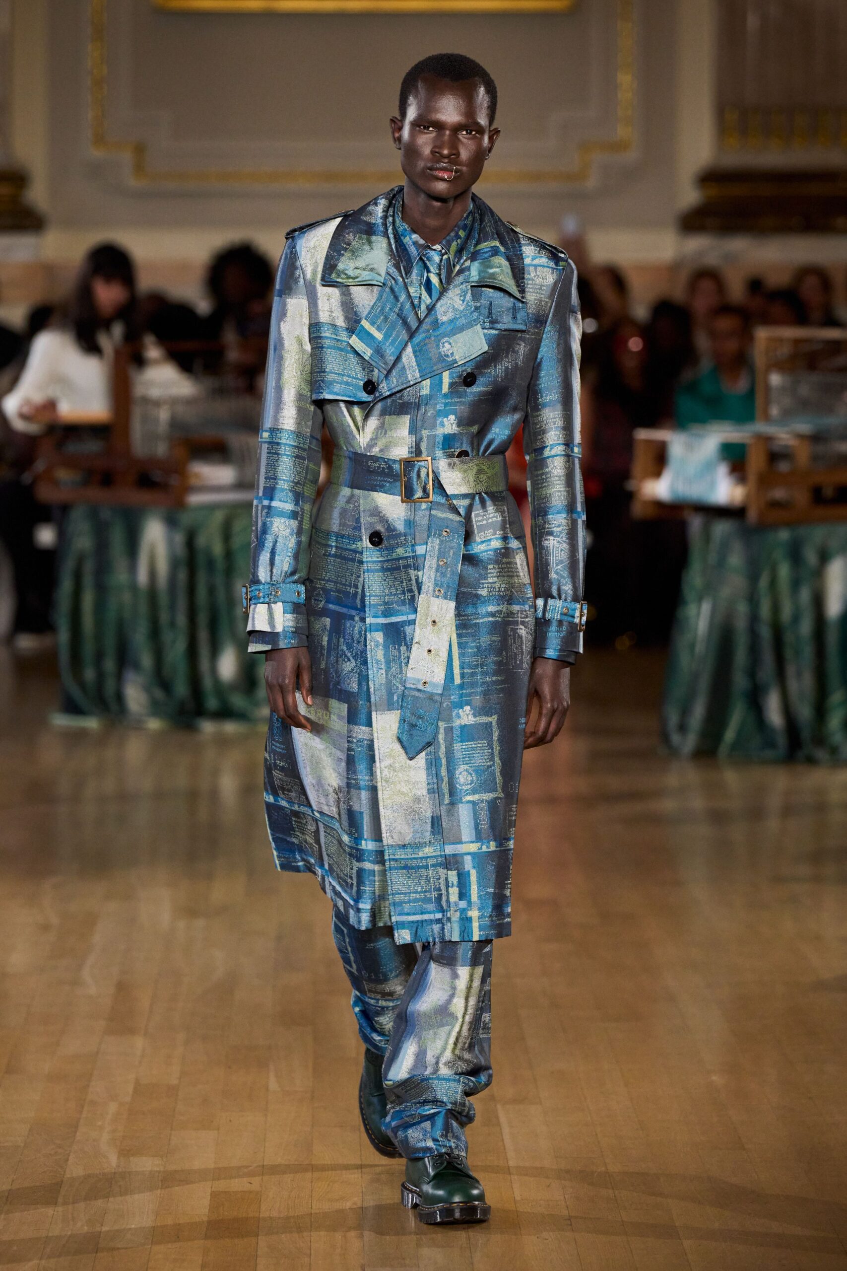blue silk long-sleeve collared fitted zippered belted trench