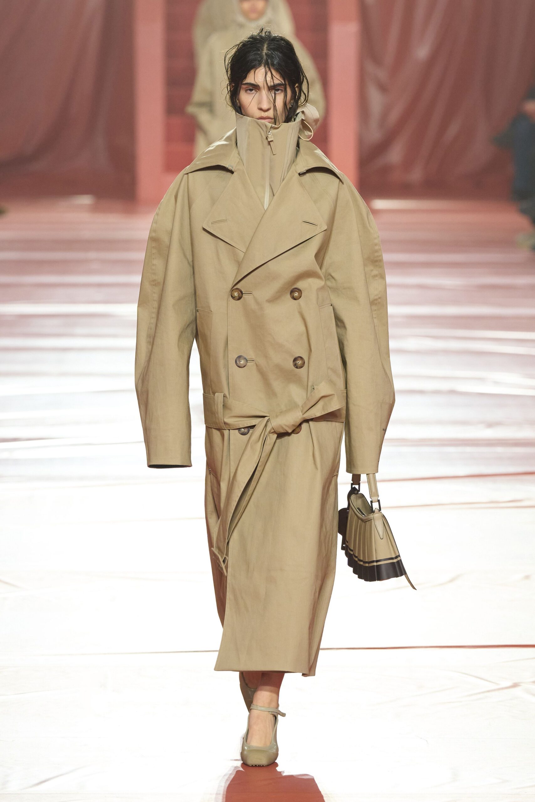 beige cotton long-sleeve collared oversized belted midi coat