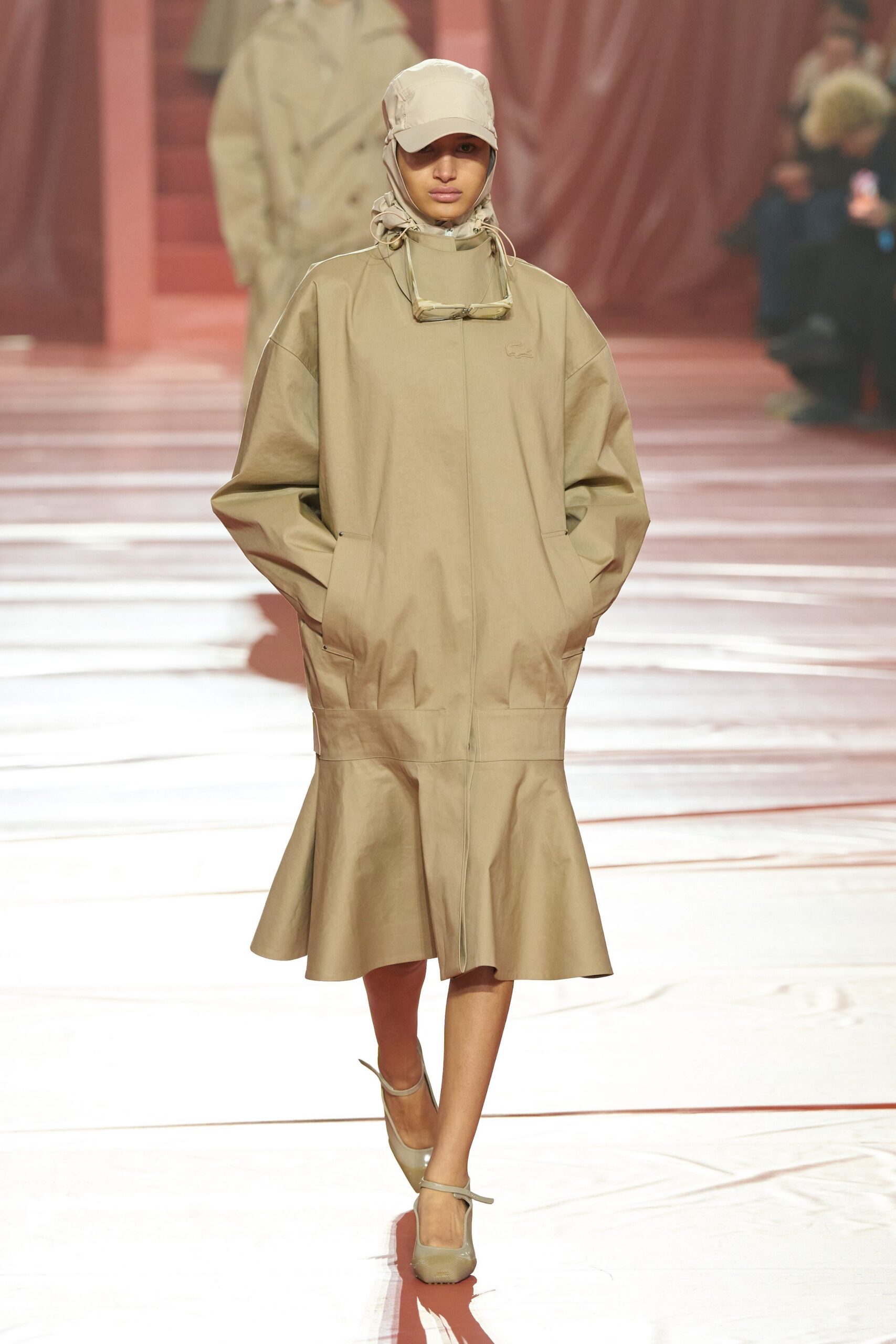 beige cotton long-sleeve collared relaxed flared midi coat