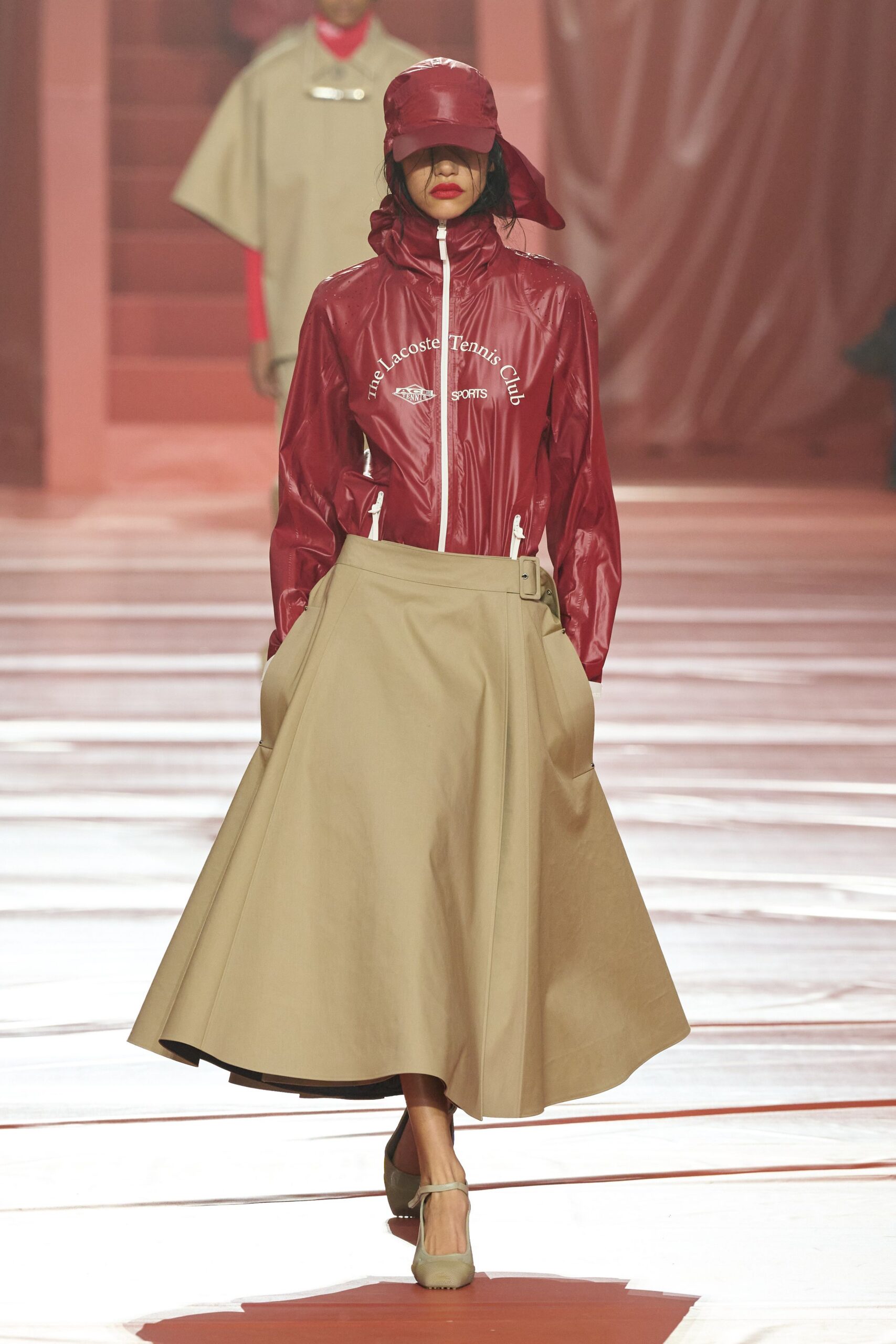red vinyl long-sleeve collared fitted zippered jacket