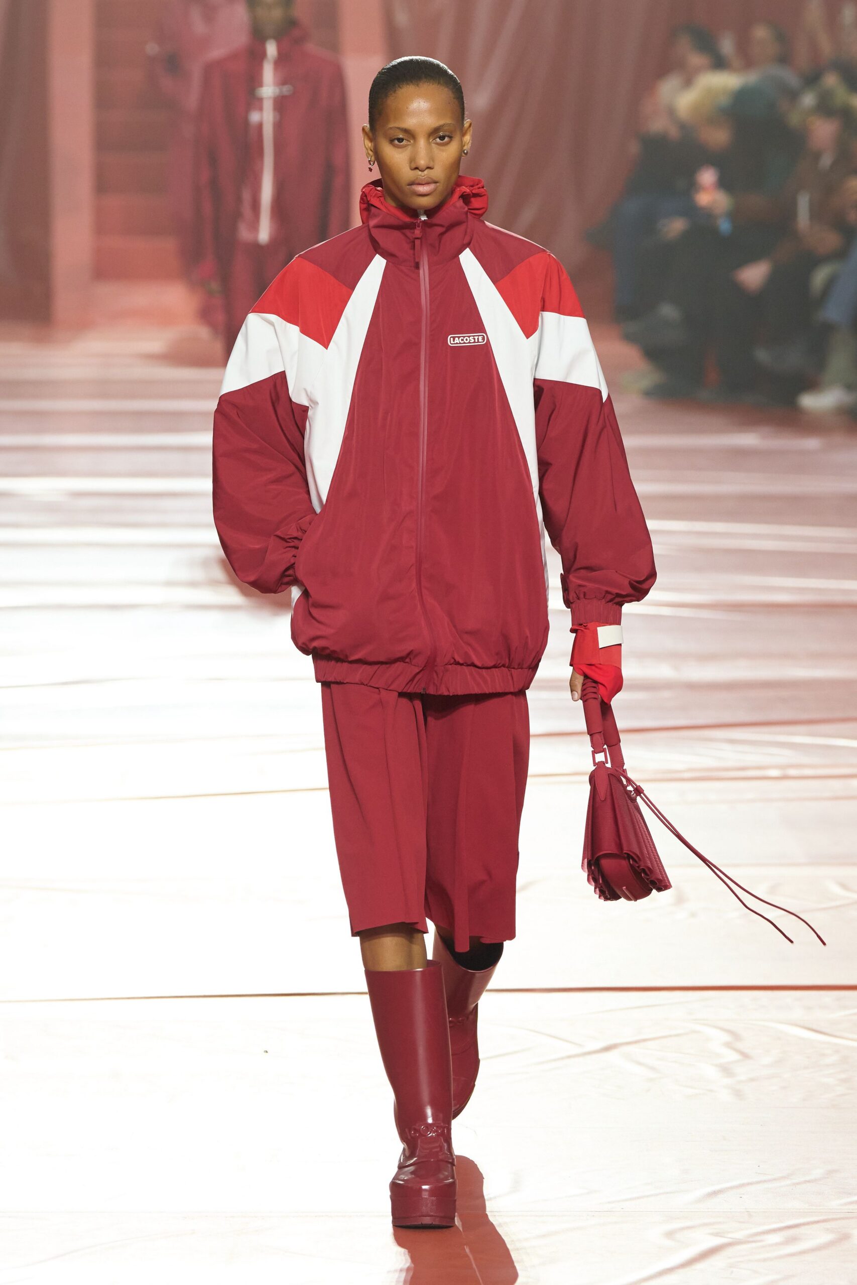red jersey long-sleeve collared relaxed color-blocked jacket