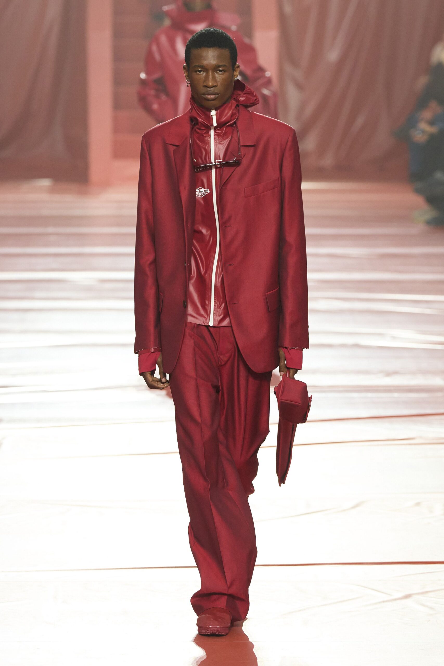 red silk long-sleeve collared tailored buttoned suit