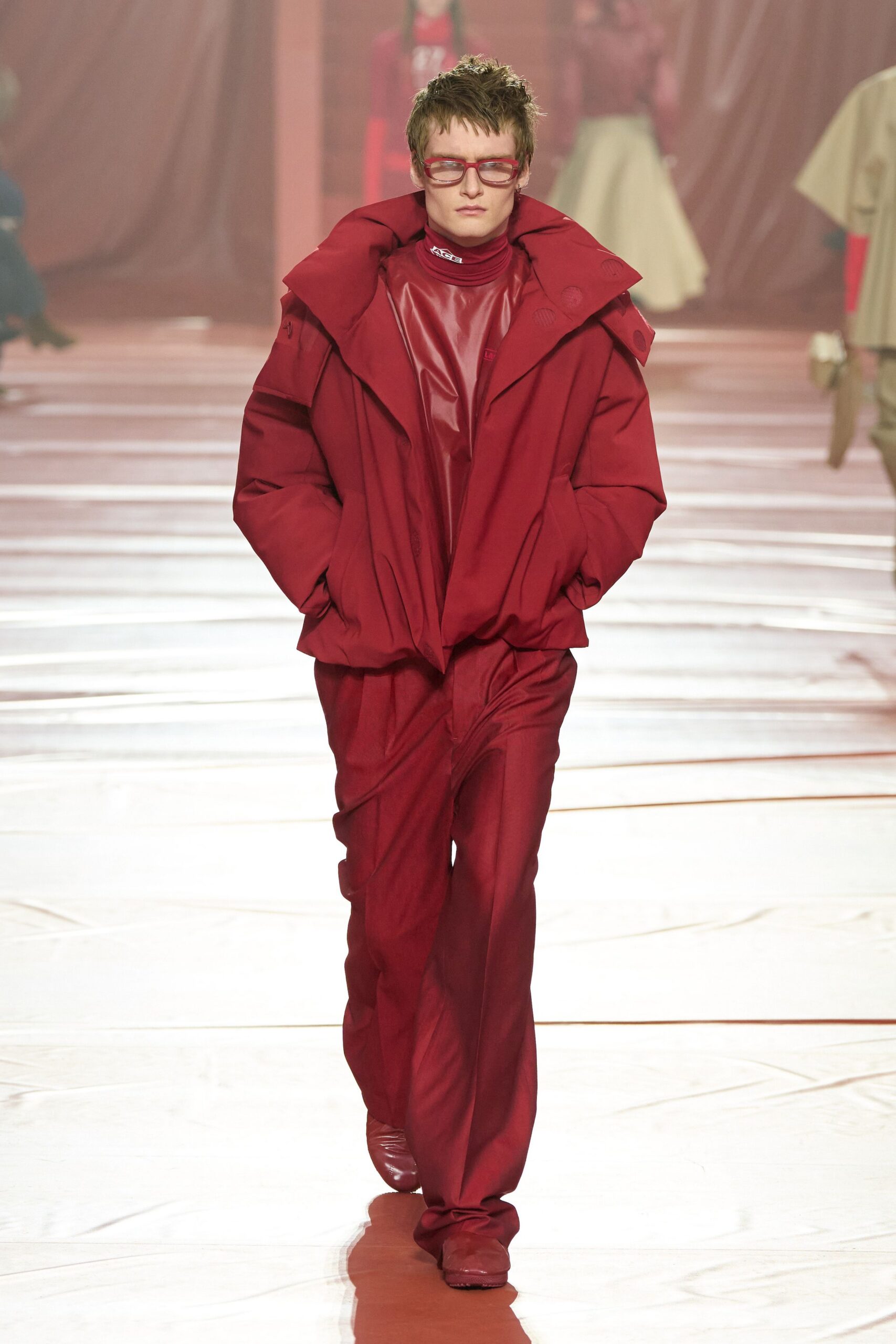 red vinyl long-sleeve collared oversized jacket