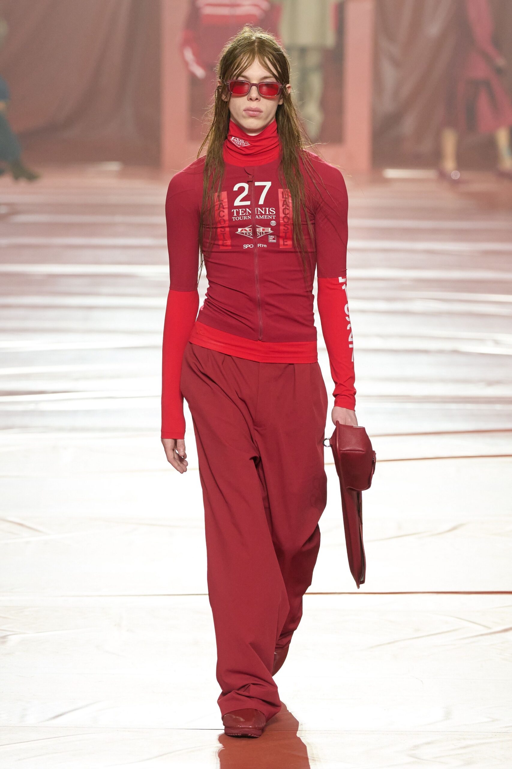 red cotton long-sleeve high-neck fitted zippered top