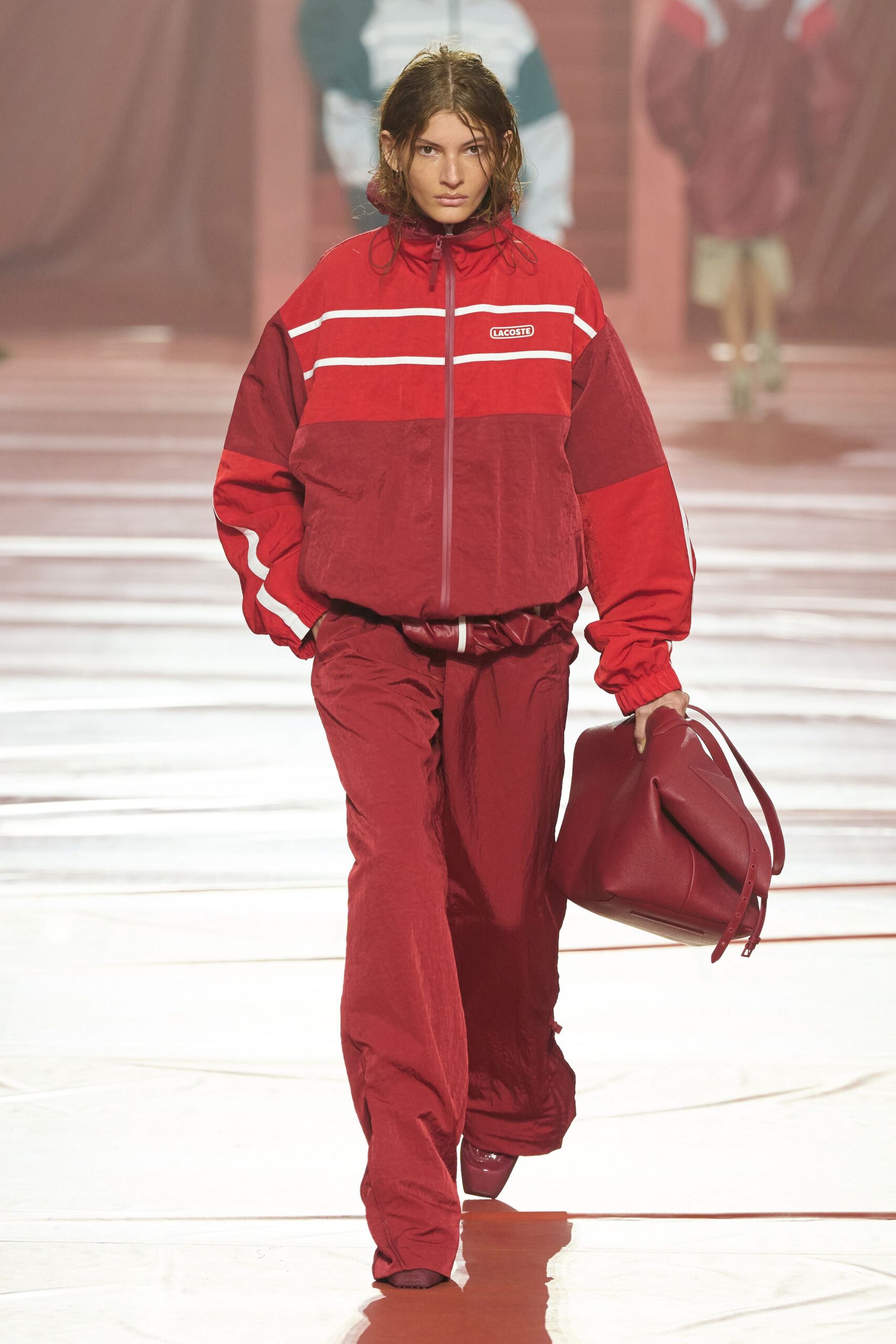 red cotton long-sleeve collared relaxed zippered jacket