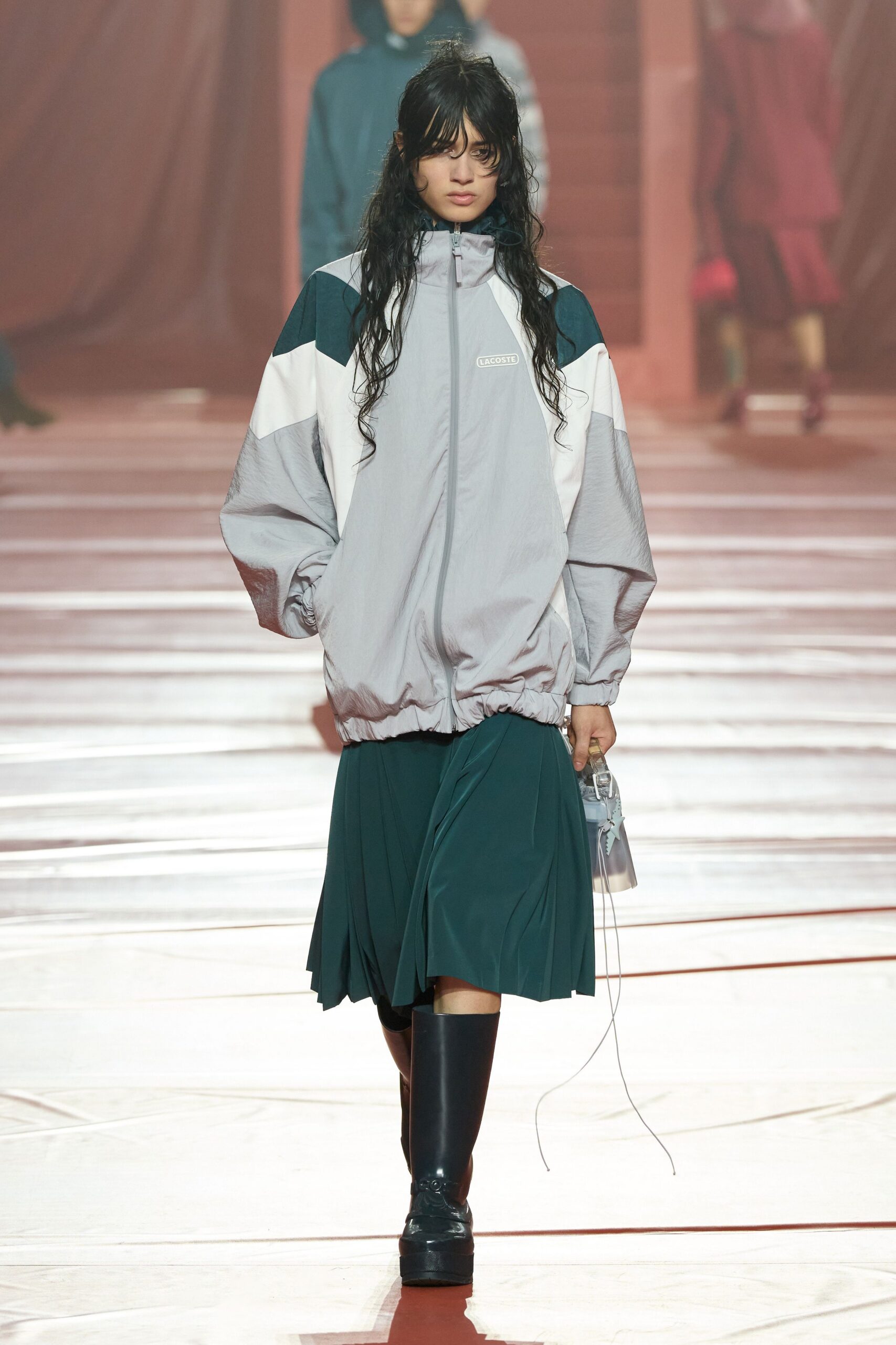 oversized gray jacket with pleated skirt