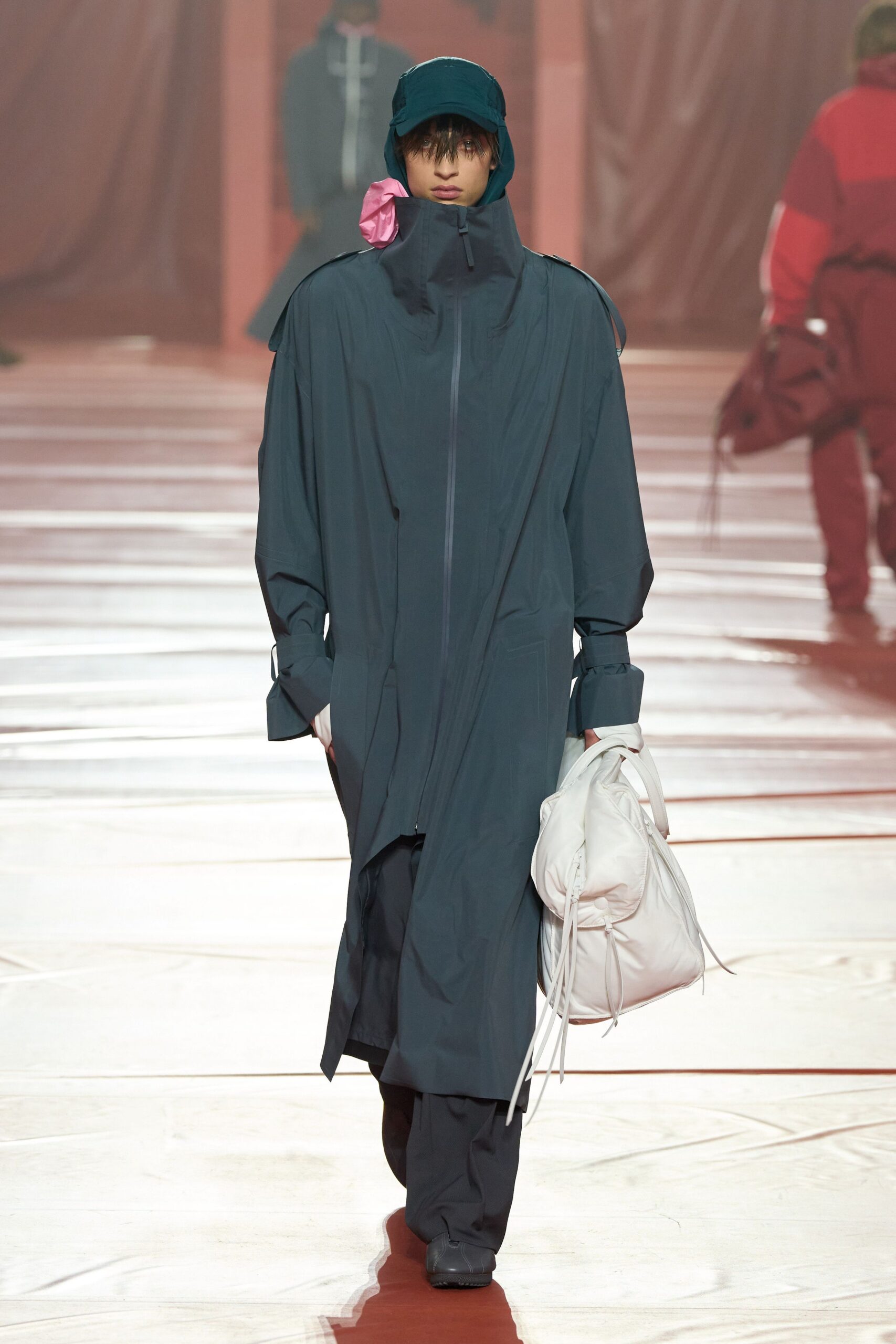teal vinyl long-sleeve collared relaxed zippered coat