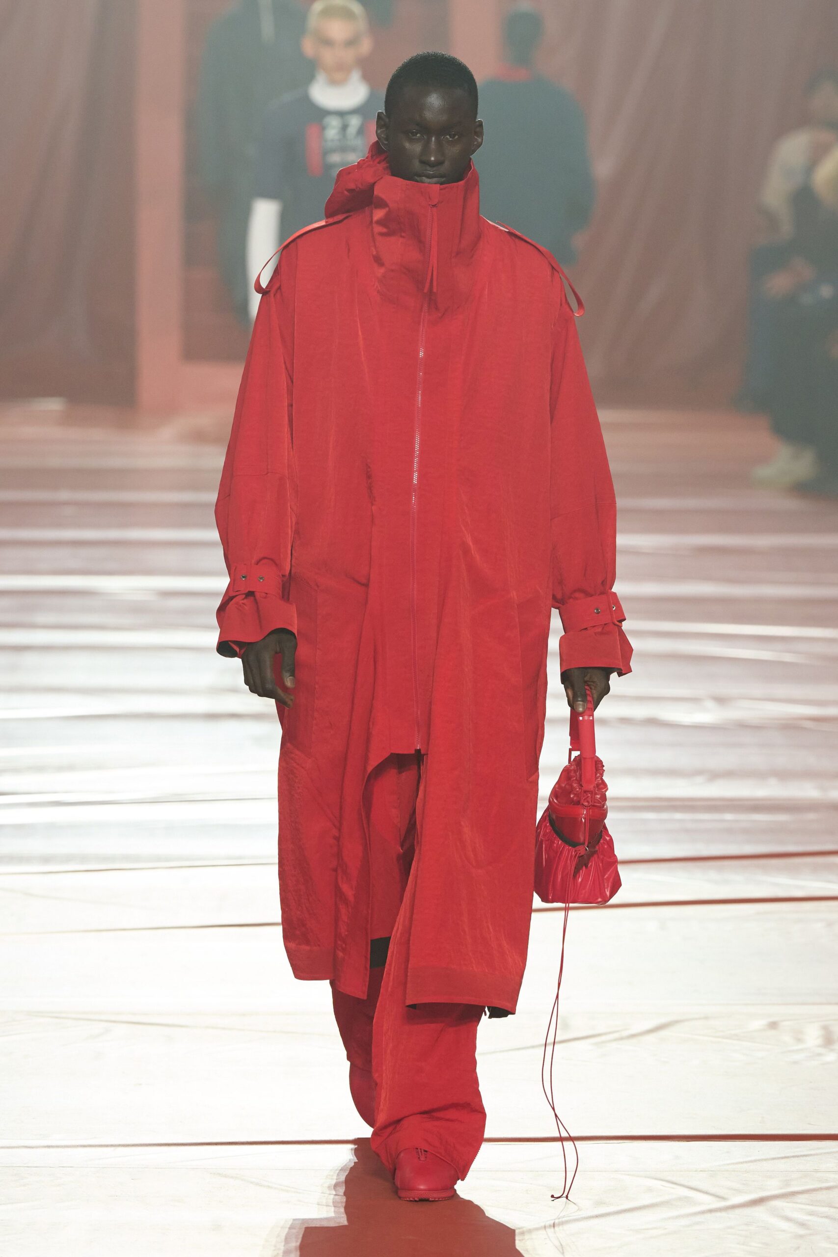 red relaxed coat and pants