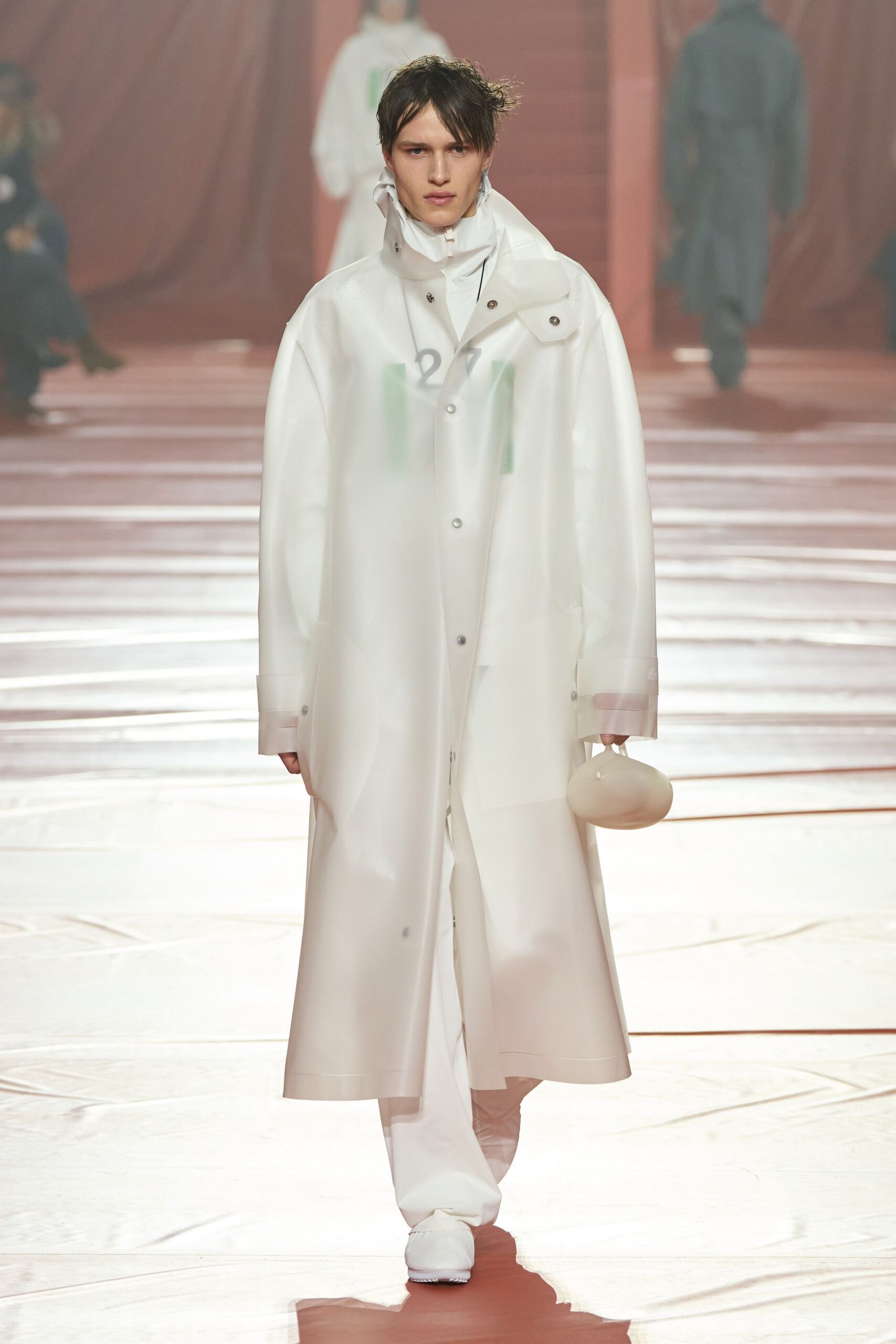white vinyl long-sleeve collared relaxed zippered shiny coat