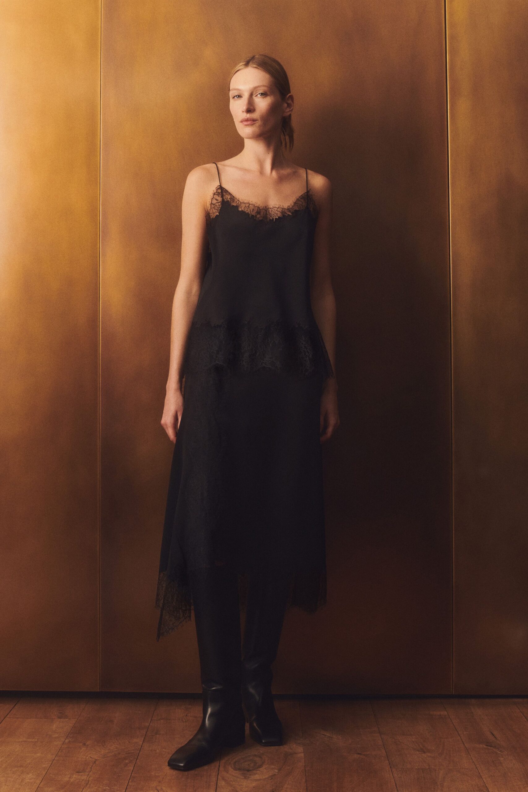 black silk sleeveless v-neck fitted layered ruffled dress