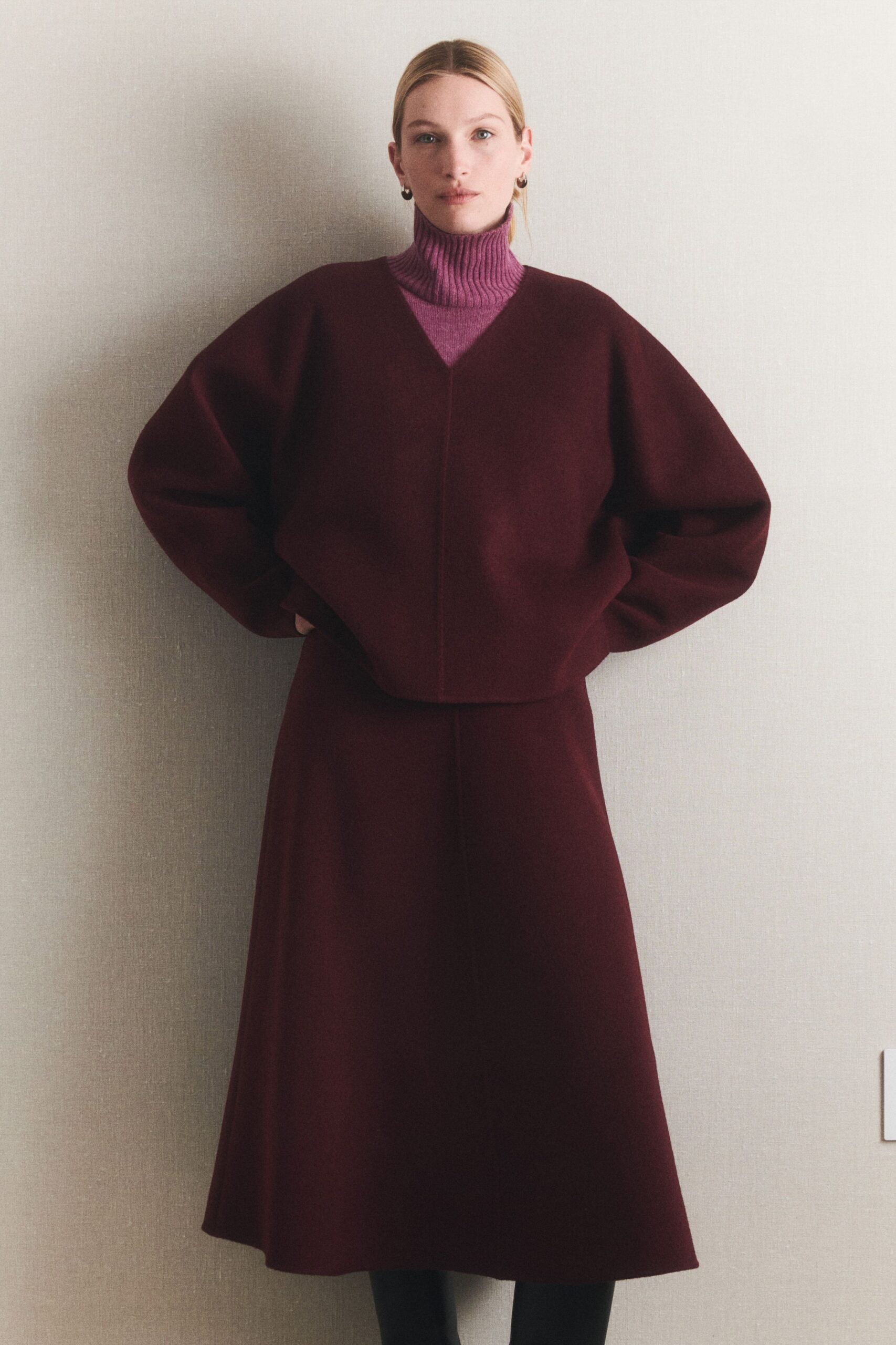 purple wool long-sleeve v-neck oversized top