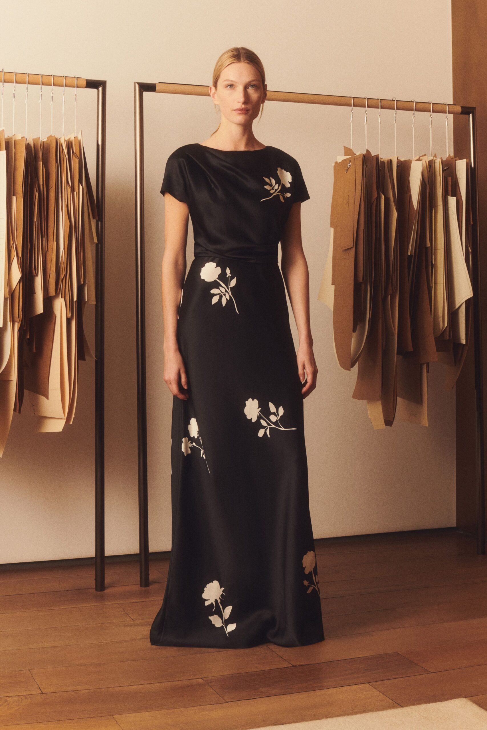 black silk embroidered gown