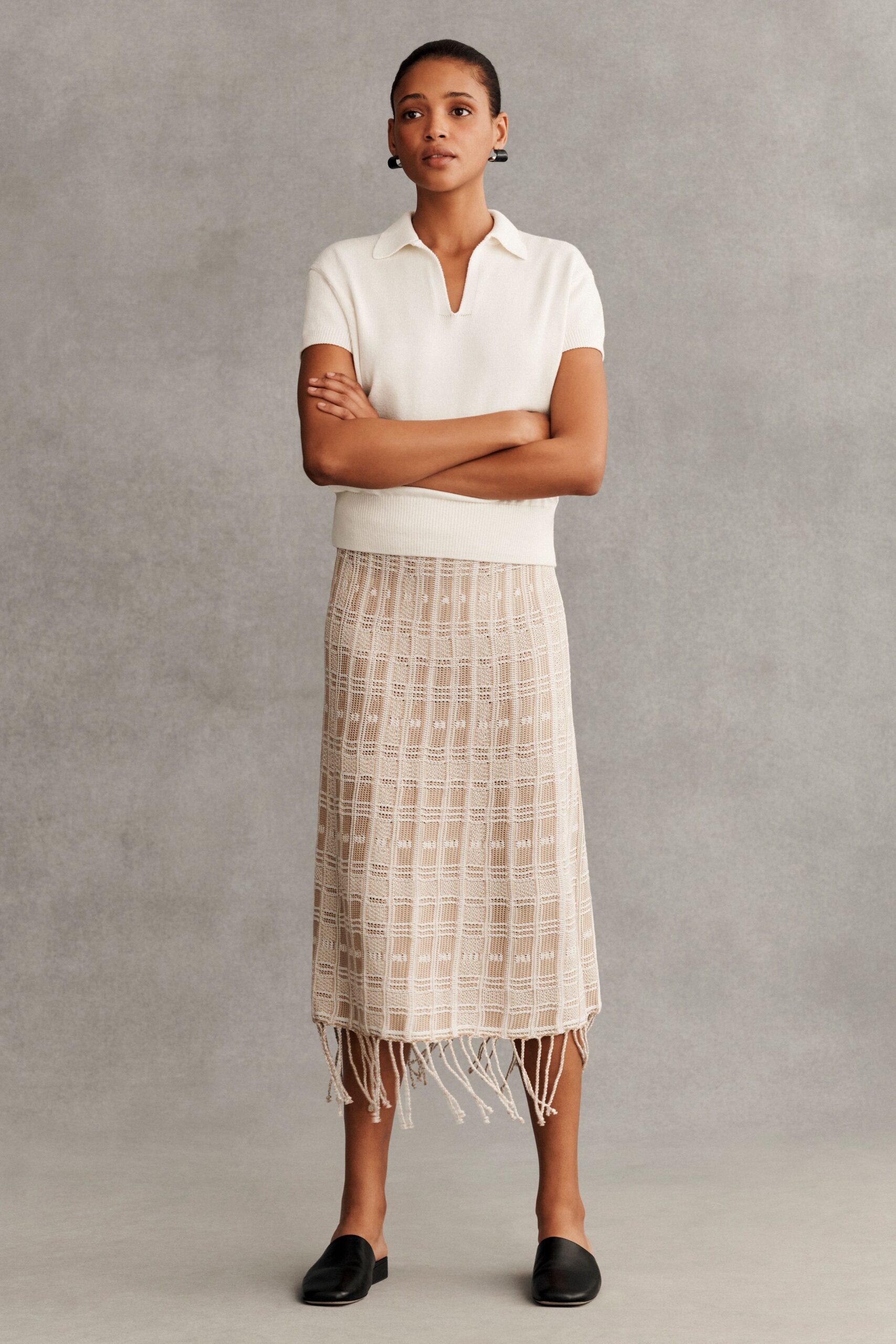 white fitted top beige midi skirt