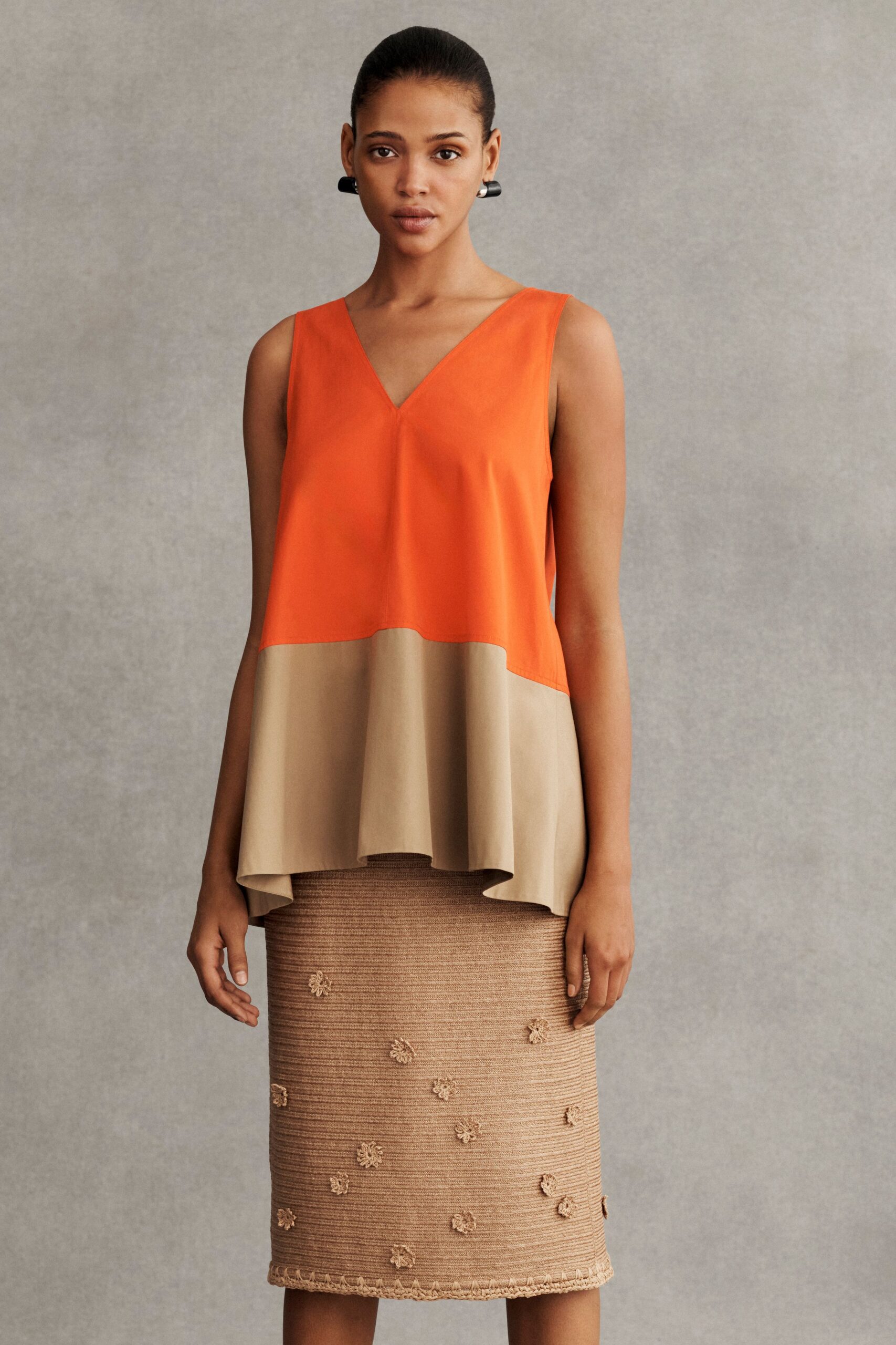 orange beige layered top with embroidered skirt