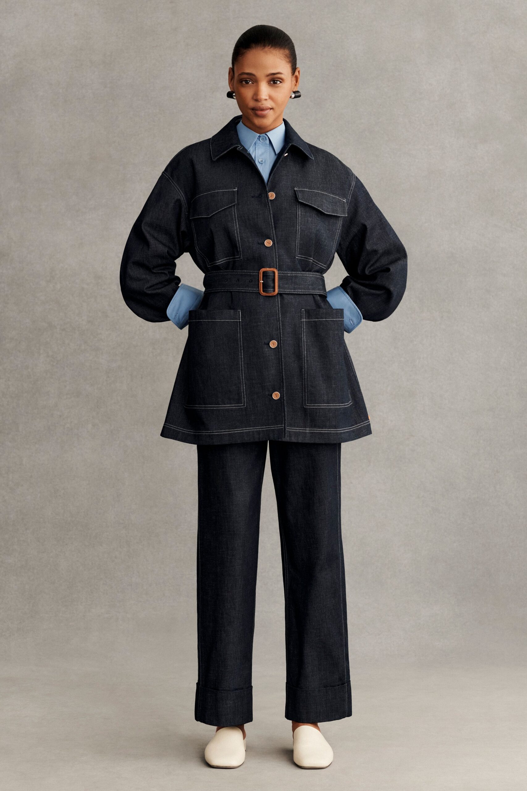blue denim jacket and tailored pants