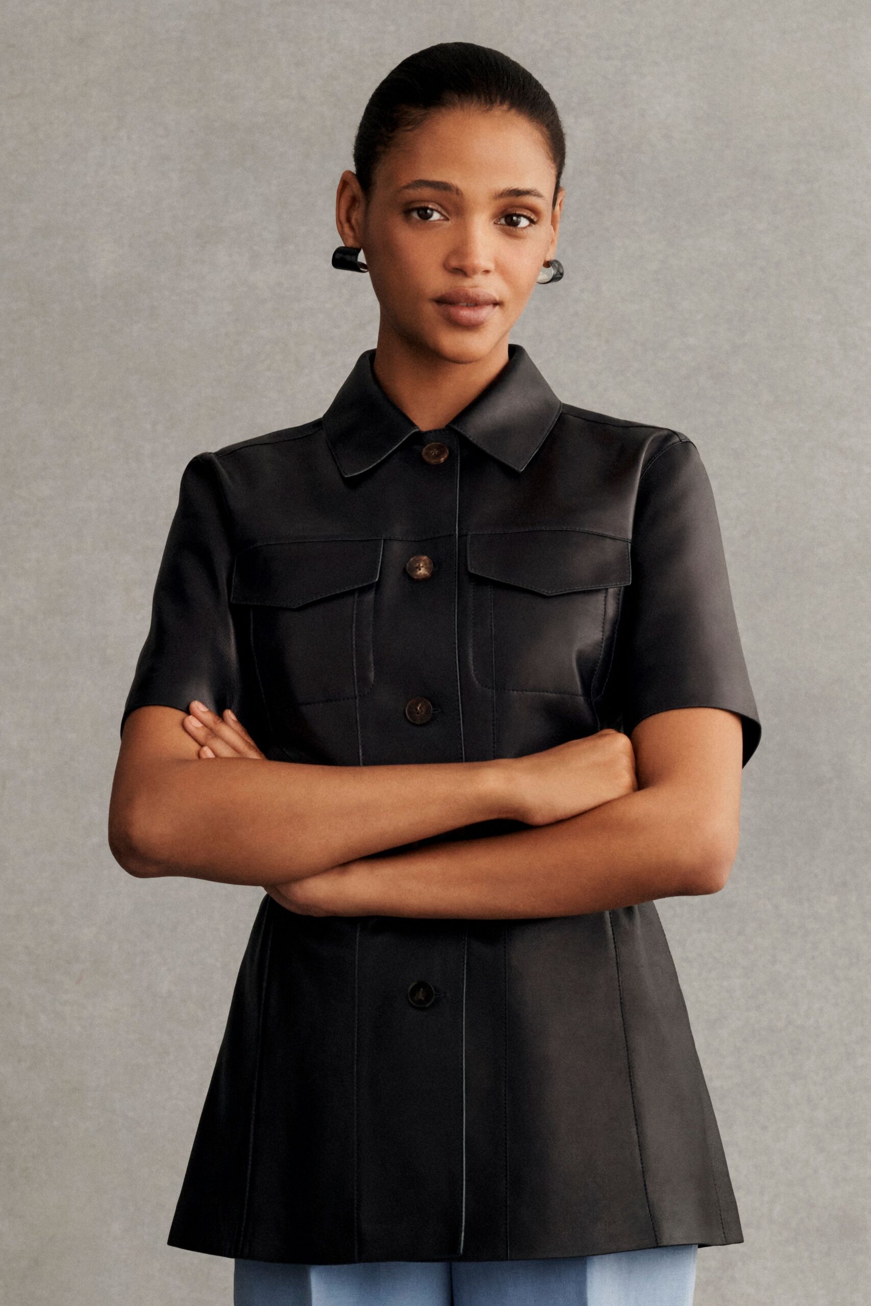 fitted black leather shirt
