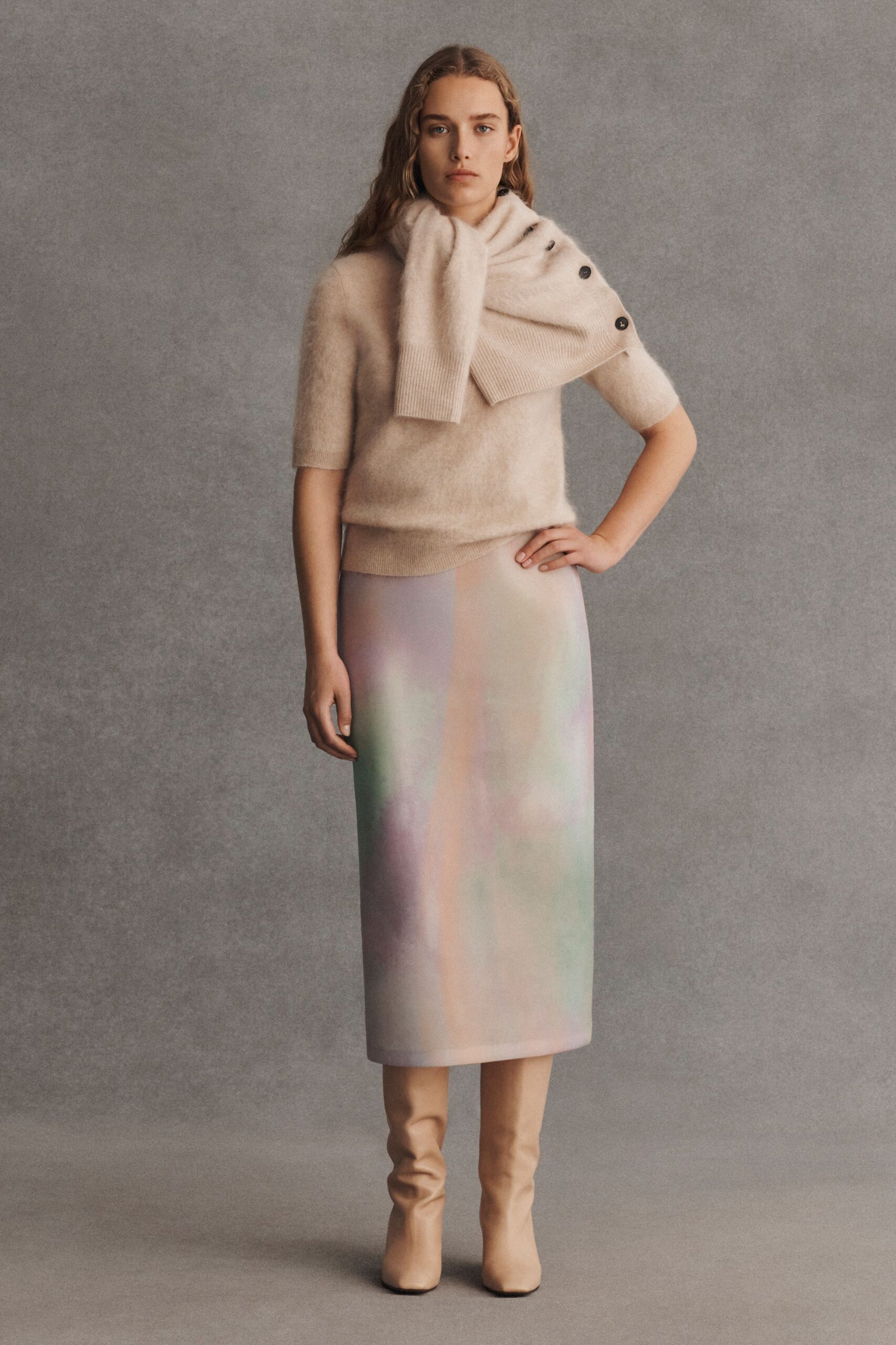 multi silk fitted straight-leg midi skirt