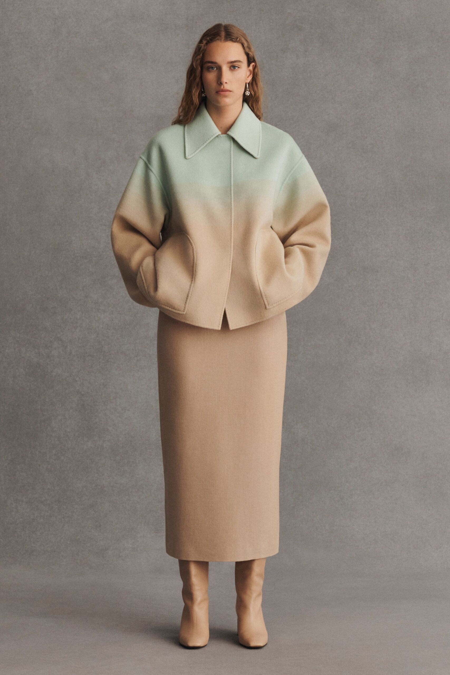 beige wool long-sleeve collared oversized color-blocked jacket