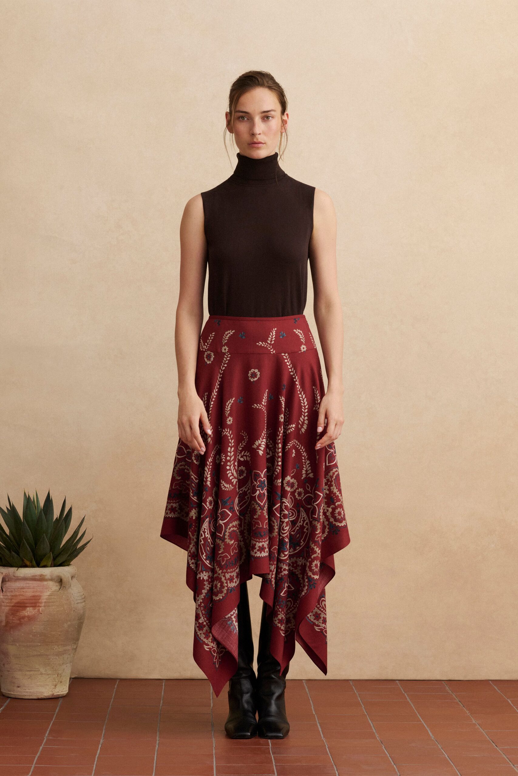 red silk asymmetric relaxed printed skirt