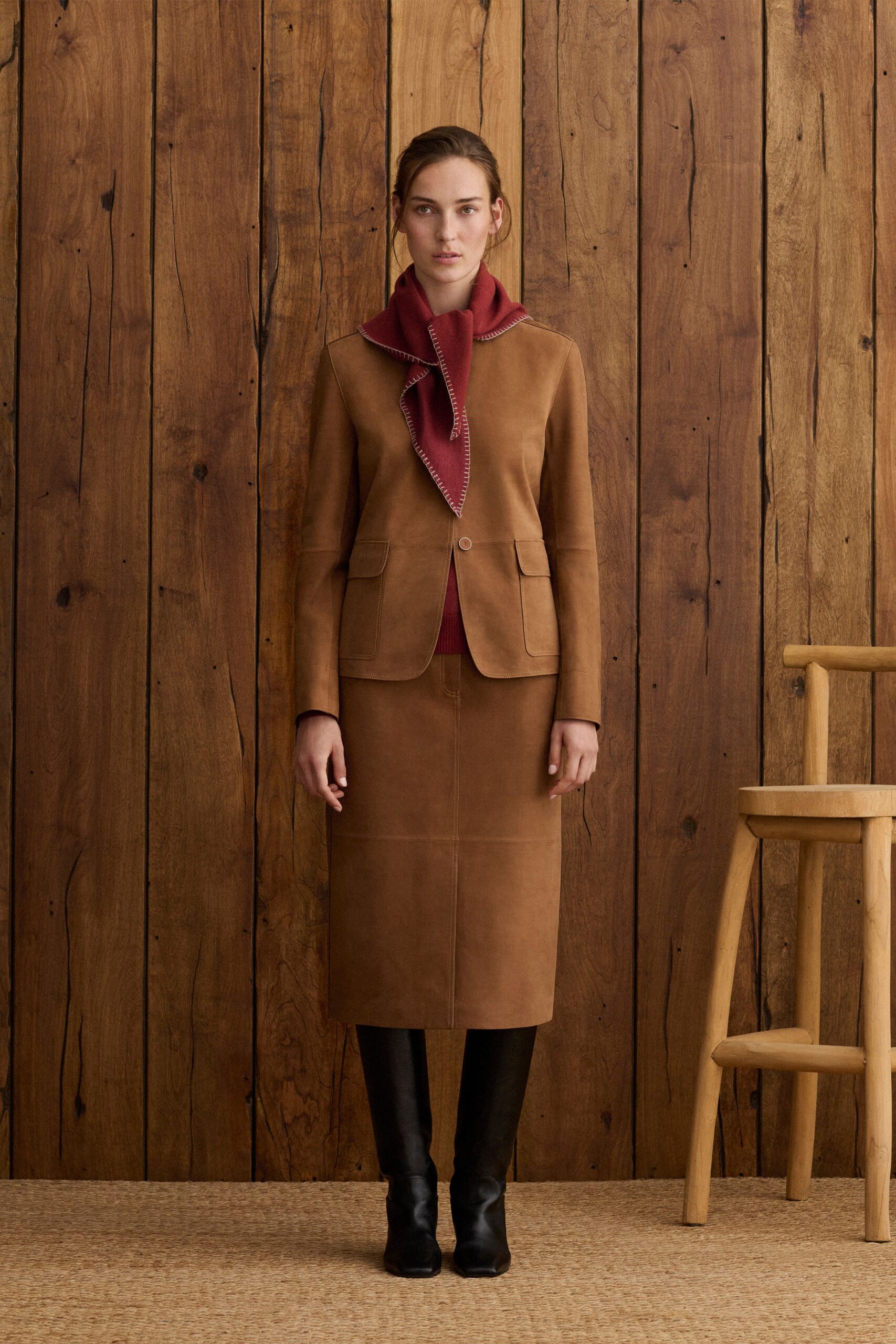 brown suede fitted pencil midi skirt