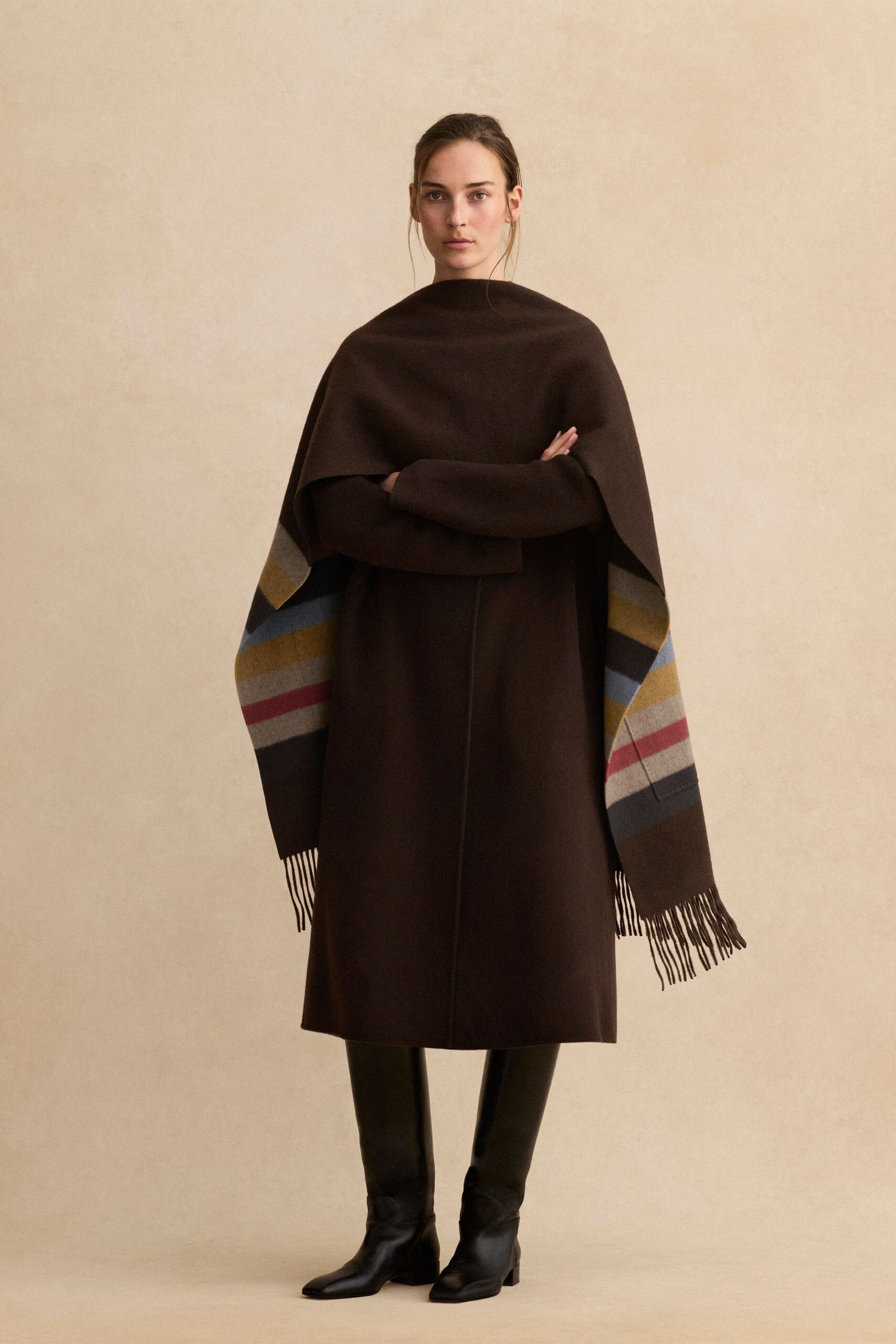 brown wool long-sleeve relaxed layered midi cape