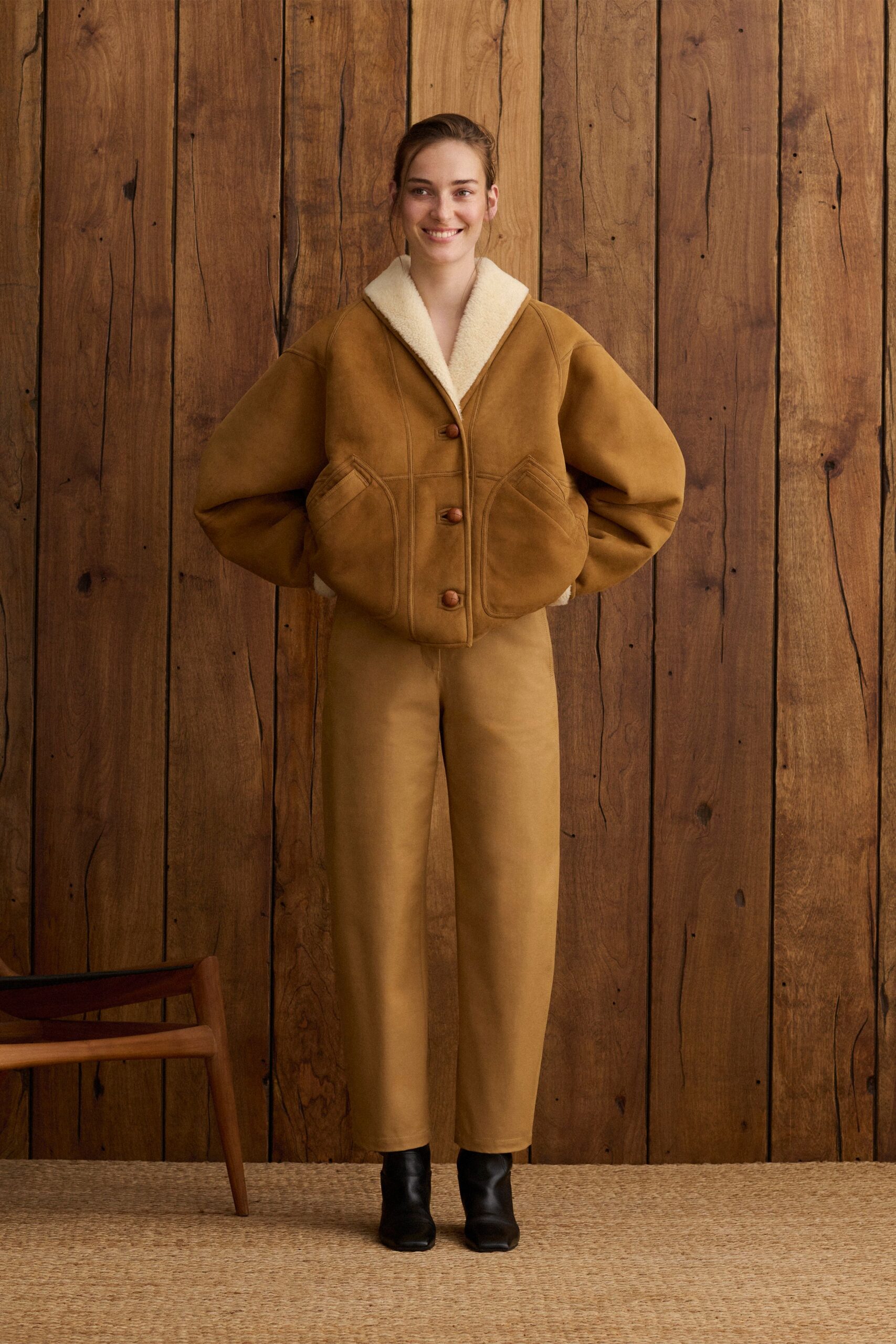 brown suede long-sleeve collared oversized buttoned jacket