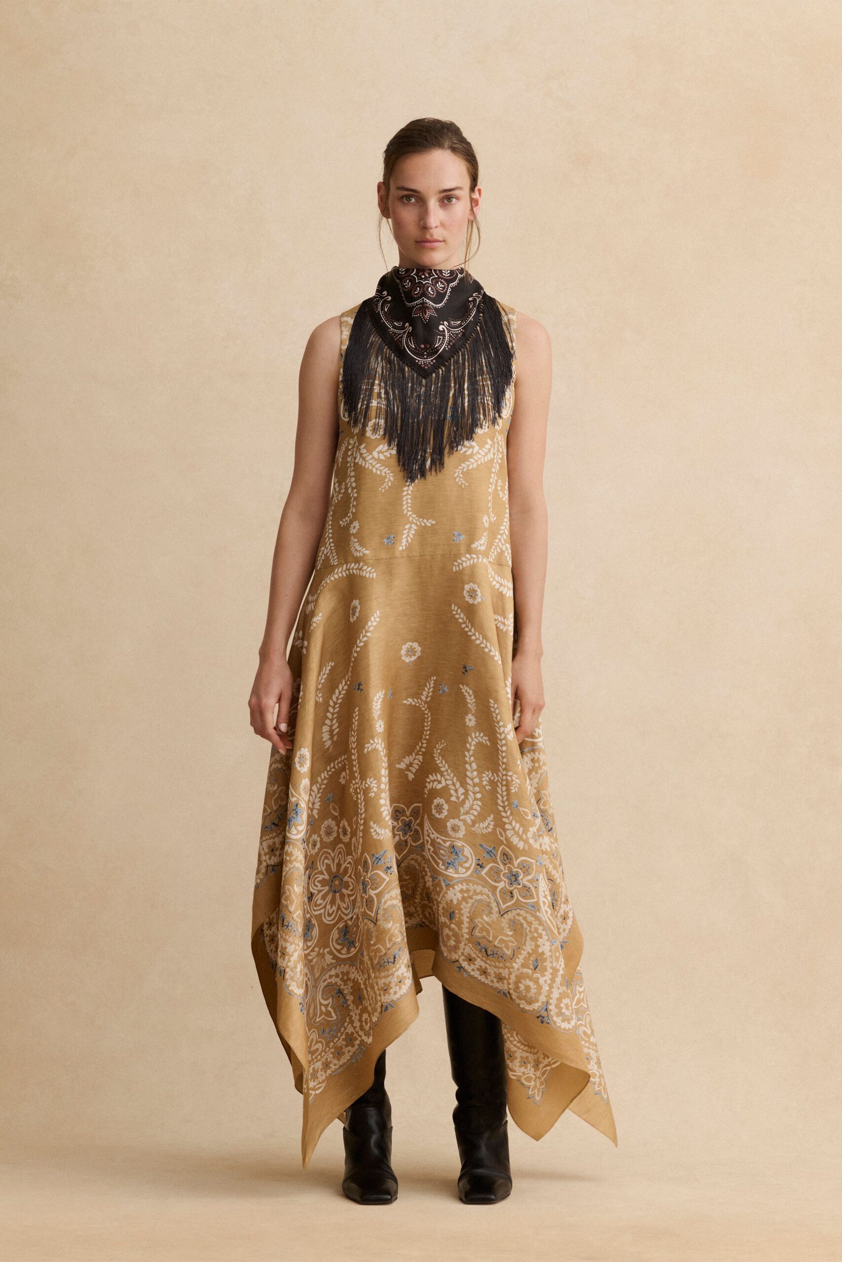 gold silk sleeveless high-neck relaxed embroidered tiered dress