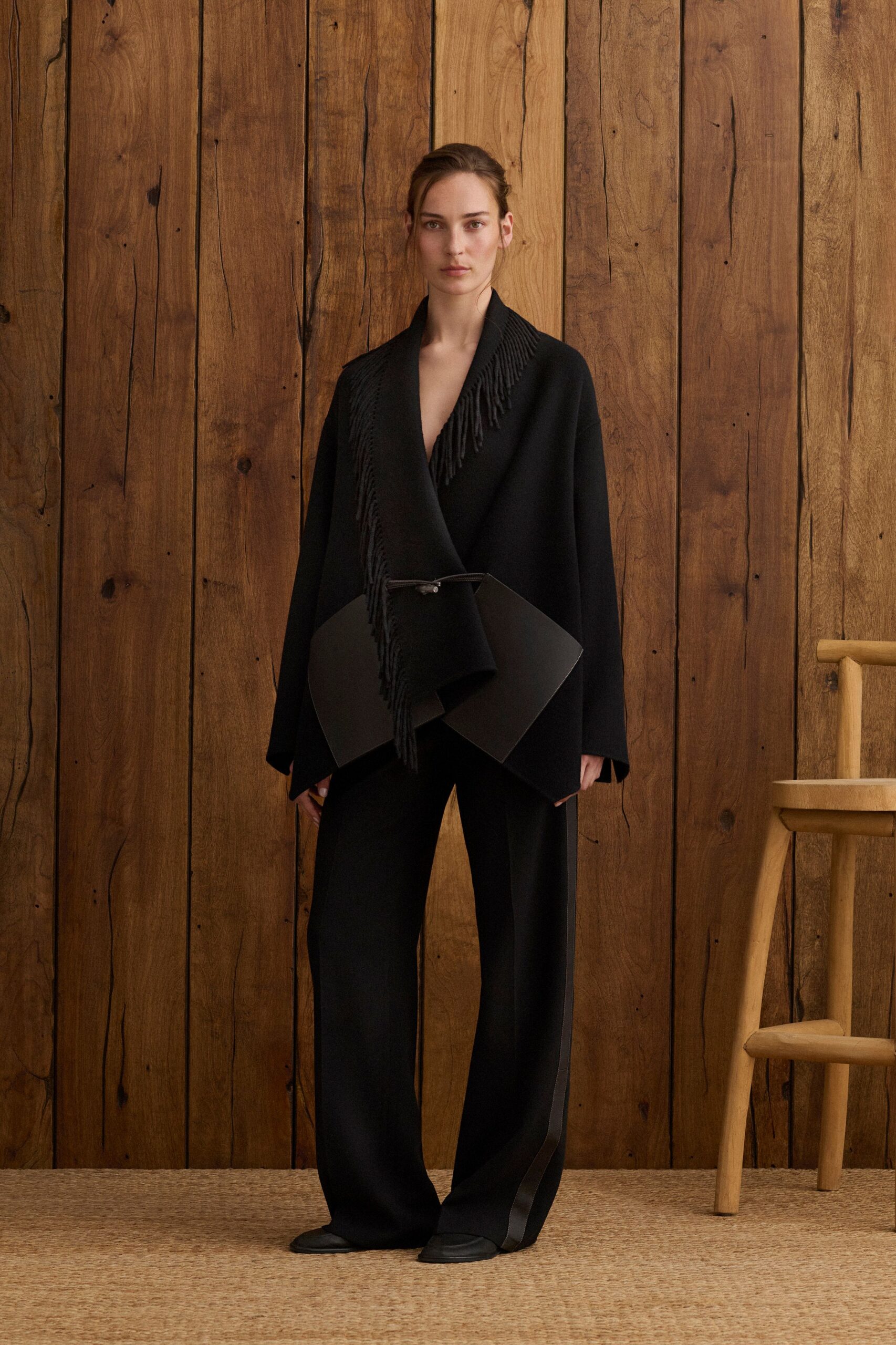 black wool long-sleeve v-neck relaxed fringed jacket